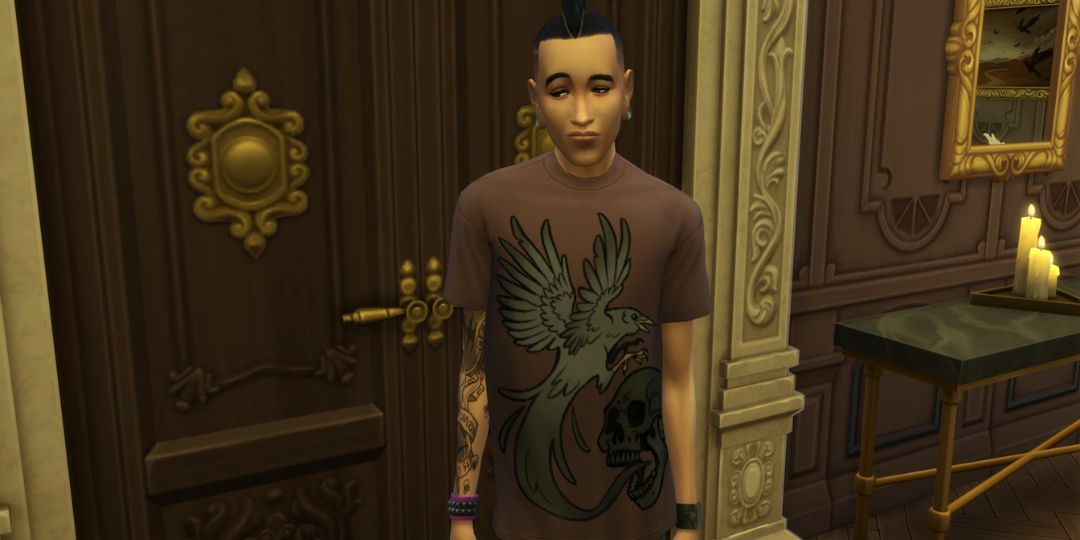 A sarcastic looking teenager with tattoos stands in front of a door.