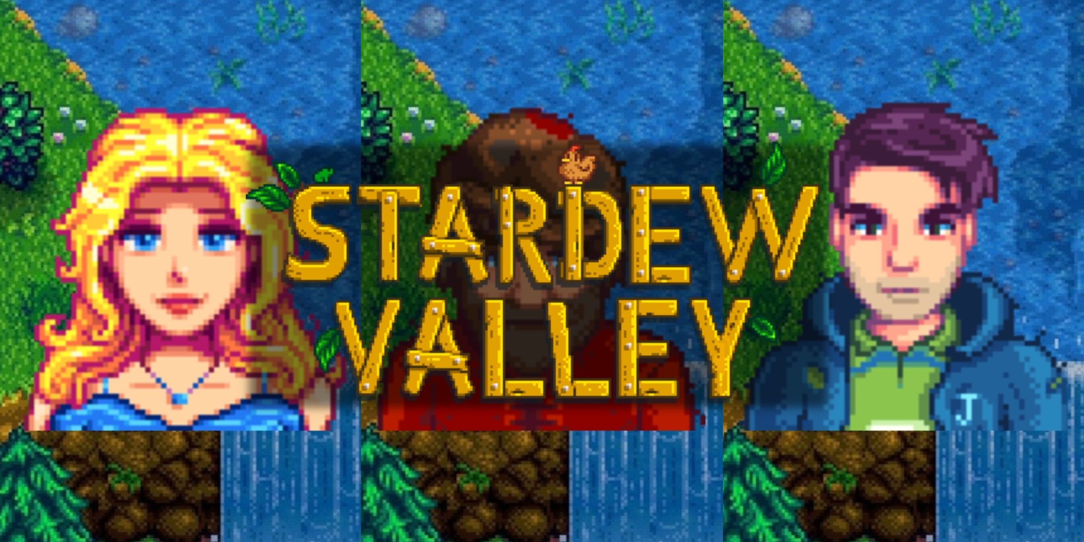 stardew valley logo over pictures of Shane, Haley, and Willy