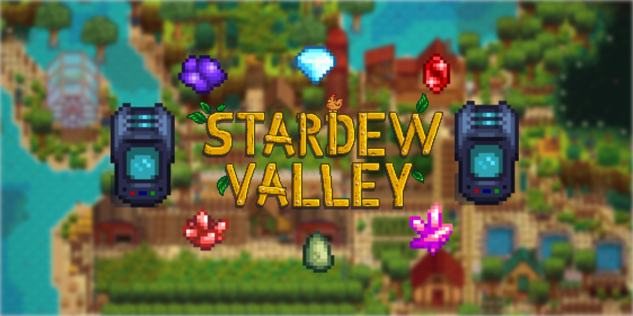 stardew valley logo with two crystalariums, jade, amethyst, diamond, ruby, star shards and fire quartz surrounding