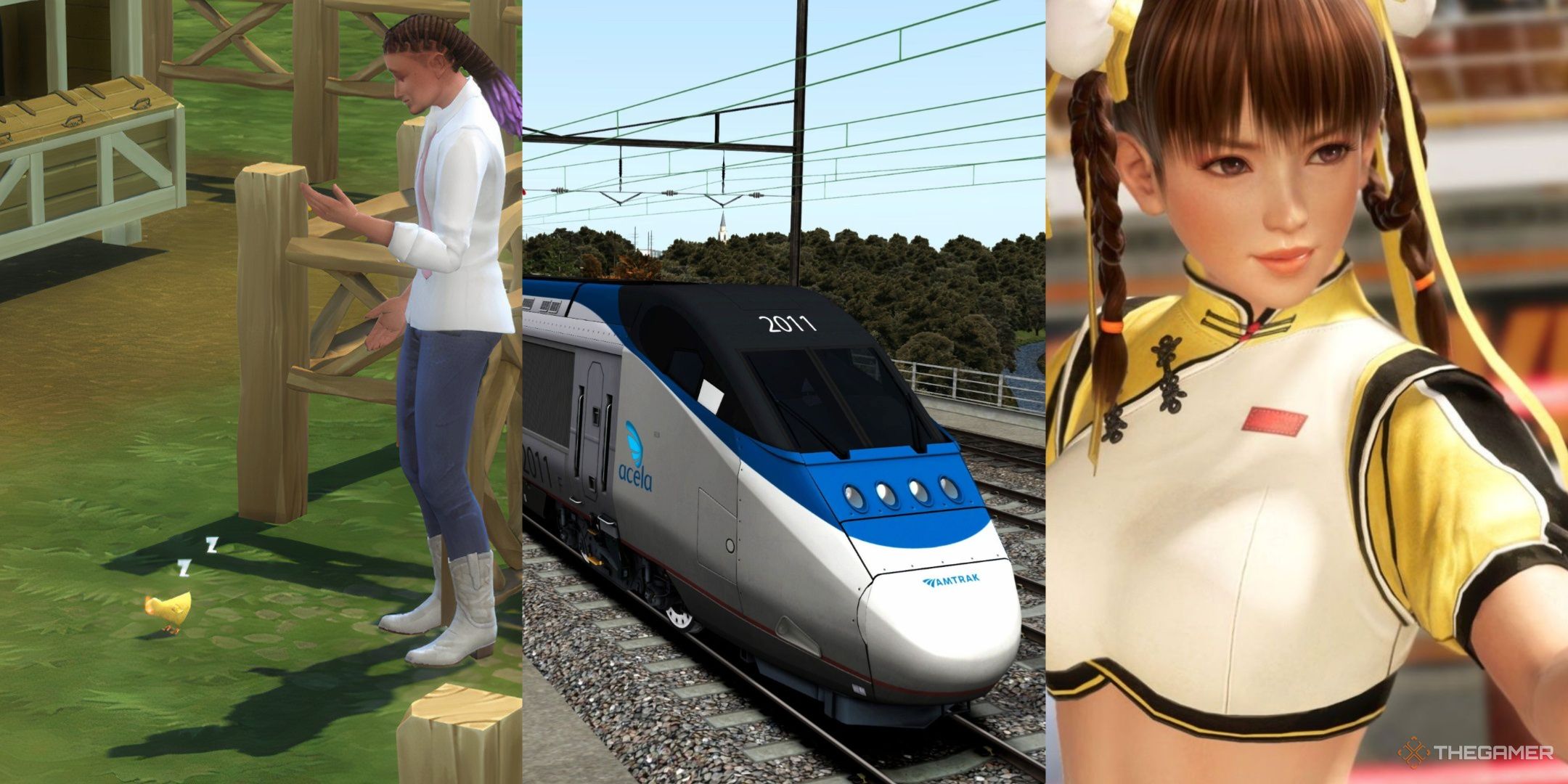 A sim standing beside a chick in the sims 4, a train in train simulator classic, and a character from dead or alive 6, left to right.