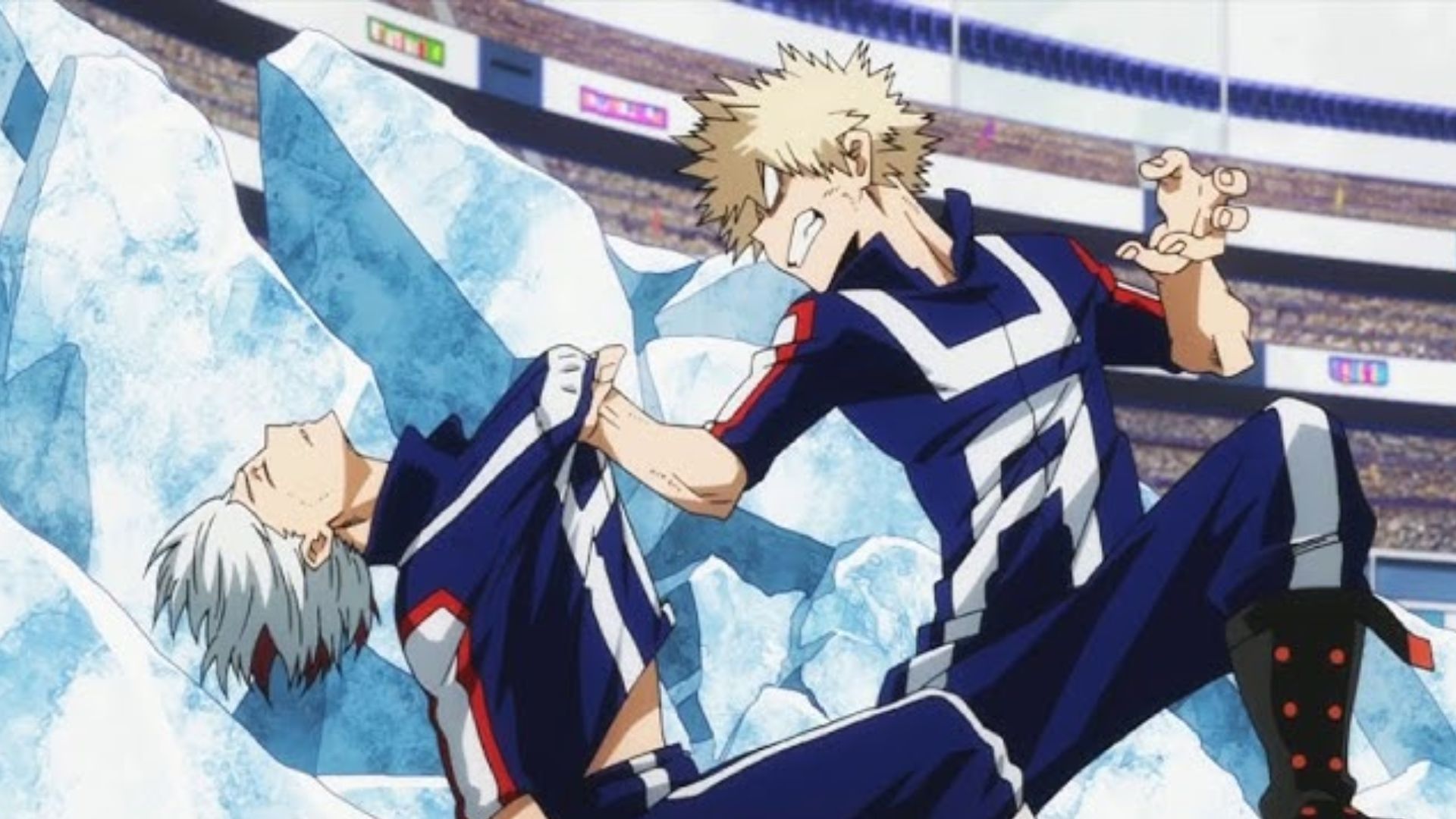 Bakugo vs. Shoto in My Hero Academia.