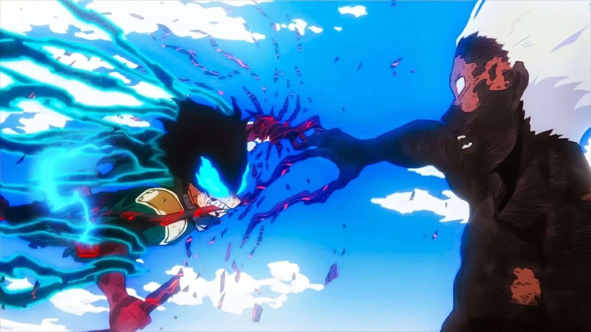 Shigaraki vs. Midoriya in My Hero Academia.