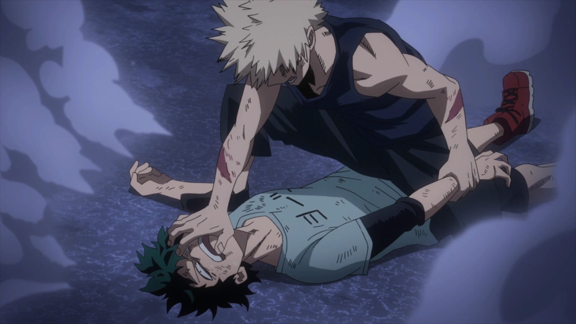 Izuku Midoriya vs. Katsuki Bakugo in My Hero Academia.