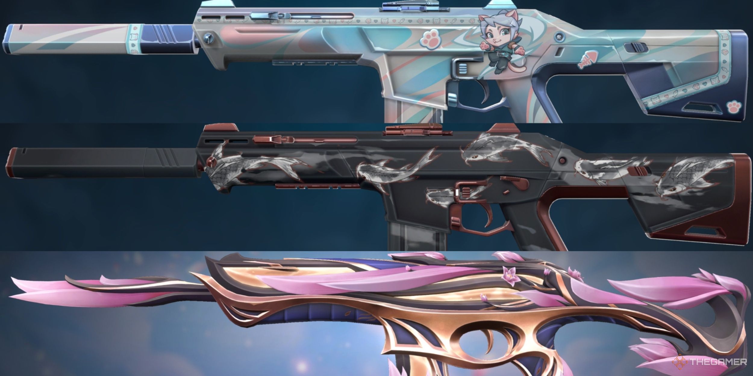 A collage of images showcasing the 9 Lives, Kohaku & Matsuba, and Mystbloom Skins for the Phantom in Valorant