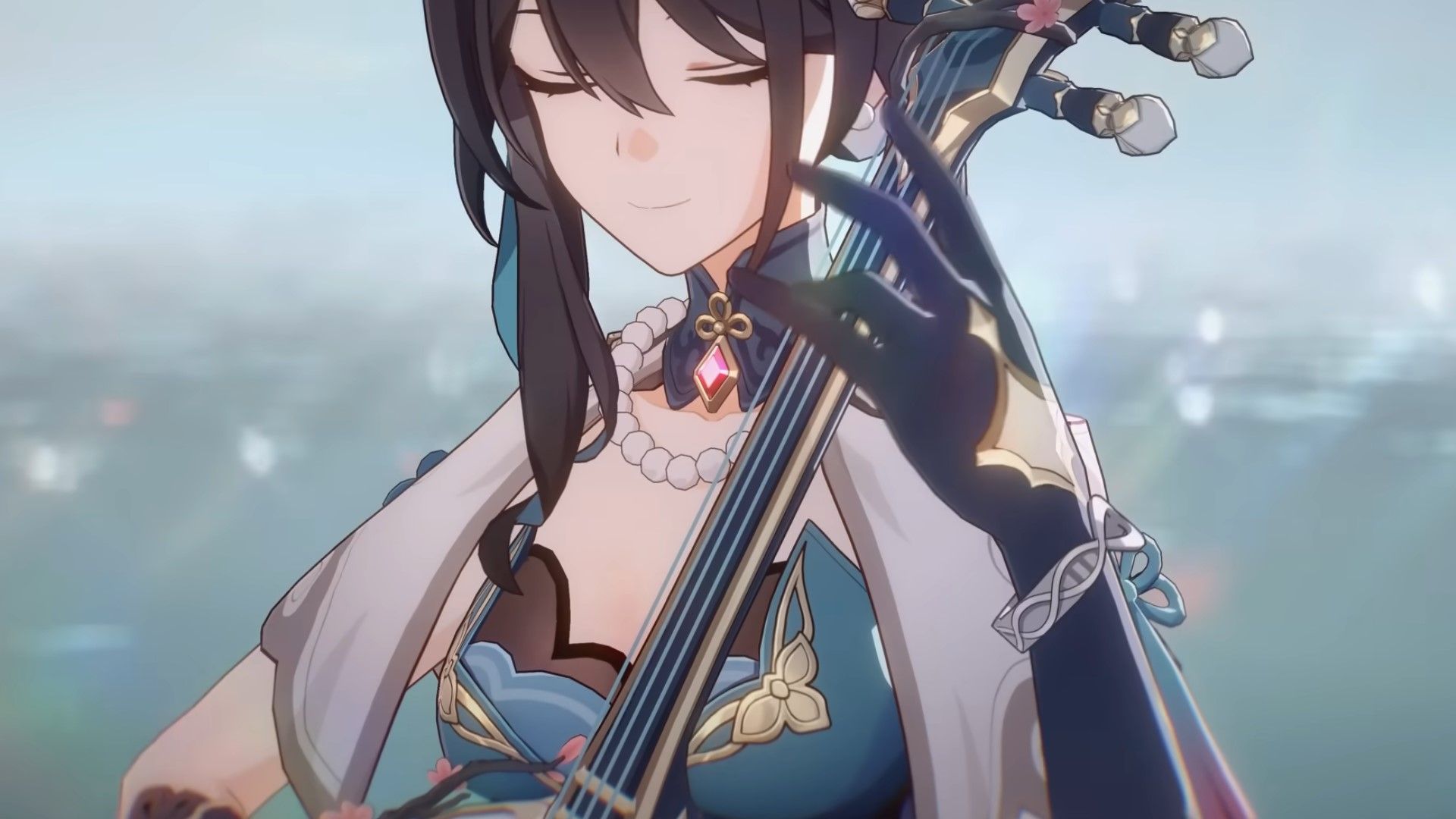 Ruan Mei plays her stringed instrument in Honkai Star Rail.