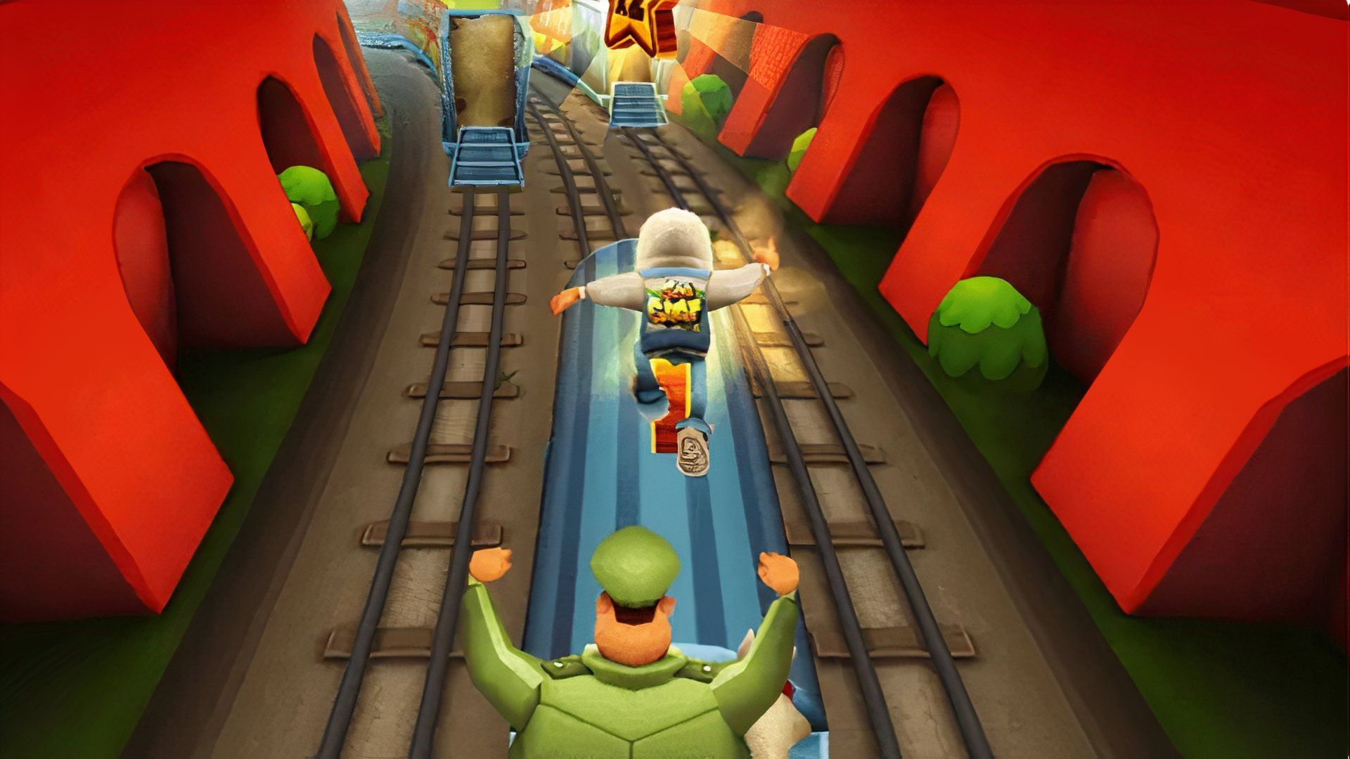 Subway Surfers gameplay with the cop chasing.