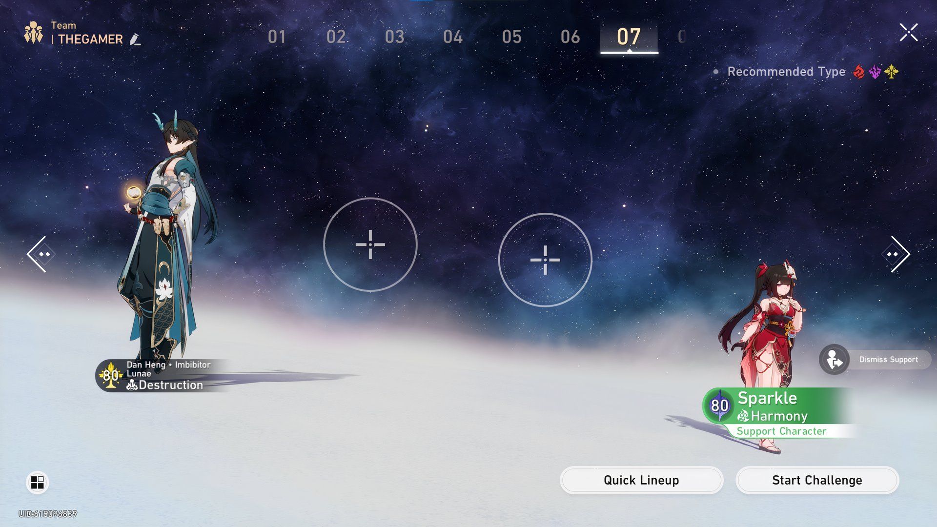 Honkai Star Rail Imbitor Lunae and Sparkle in the team lineup menu.
