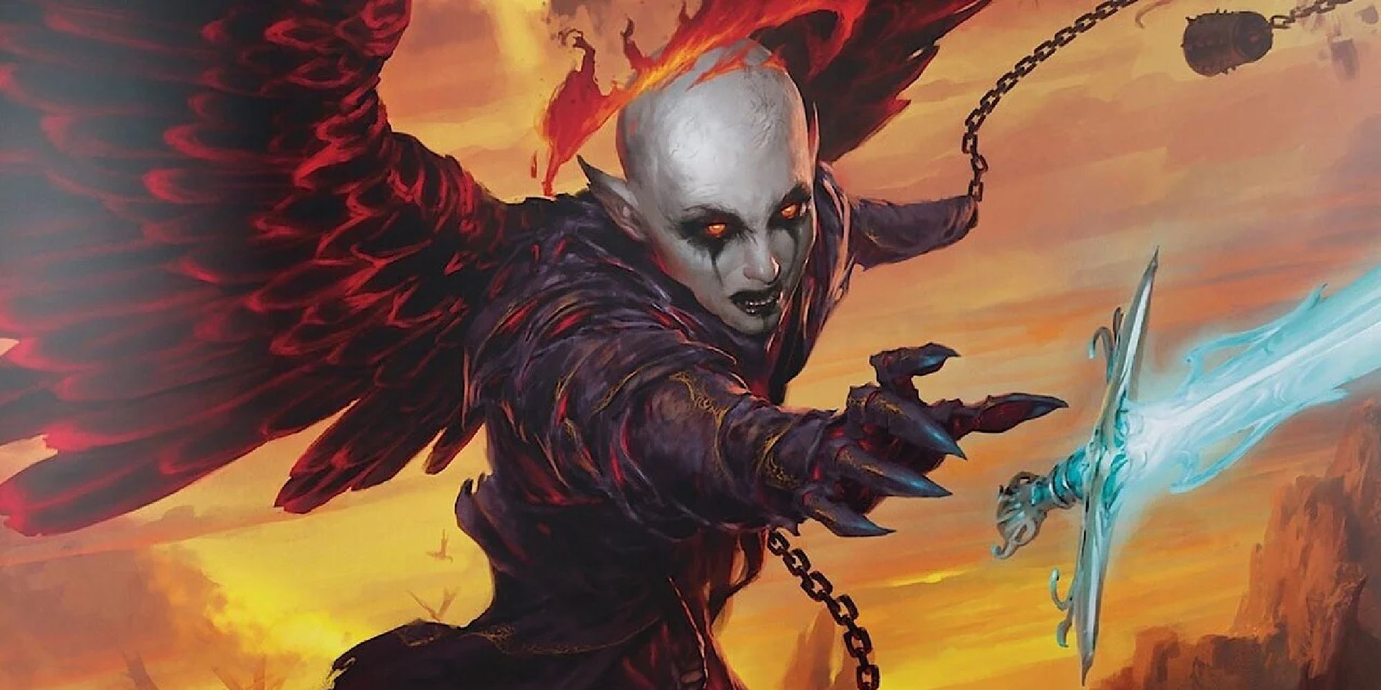 Zariel the winged archduke of Avernus, reaching forward for a glowing blue sword, official WotC art 