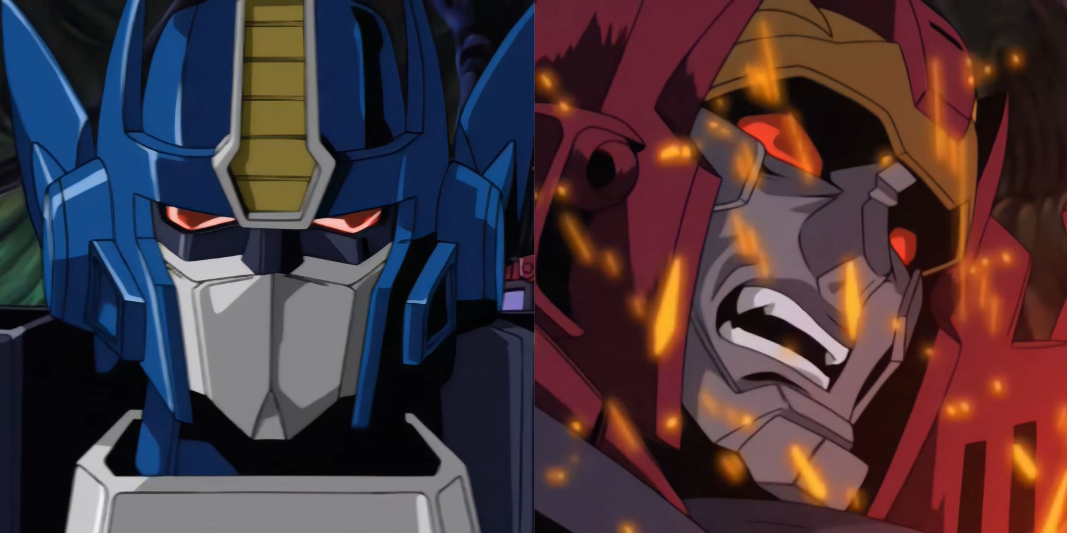 Optimus Prime fights Megatron, who has renamed himself as Galvatron in the Japanese anime series Transformers: Armada (2002)