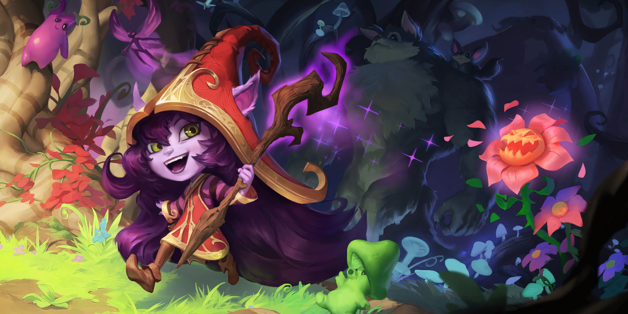 Lulu holding her staff surrounded by enchanted flora, from Bandle City in League of Legends