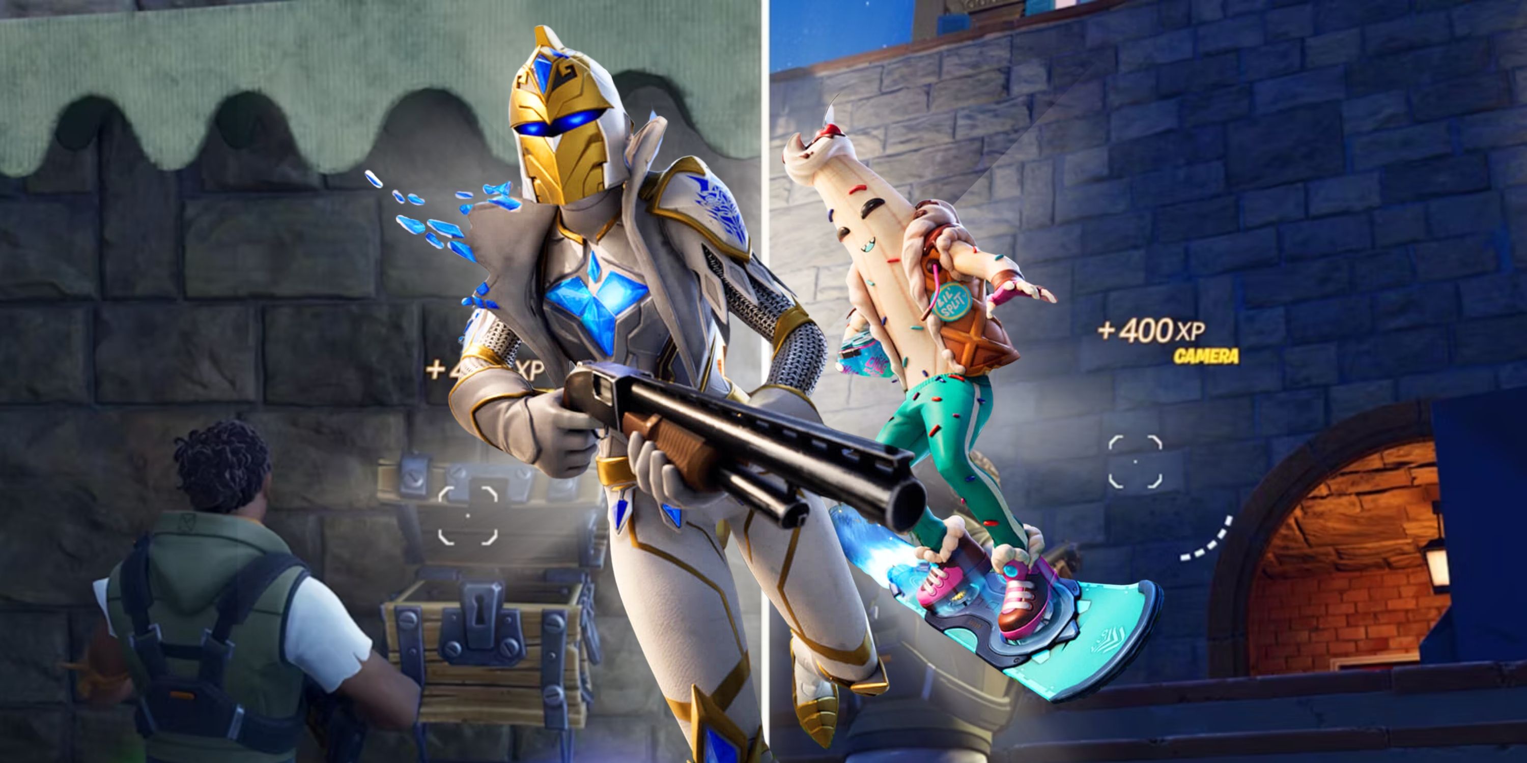 Fortnite collage image featuring two players superimposed over a split image of in game player opening chests