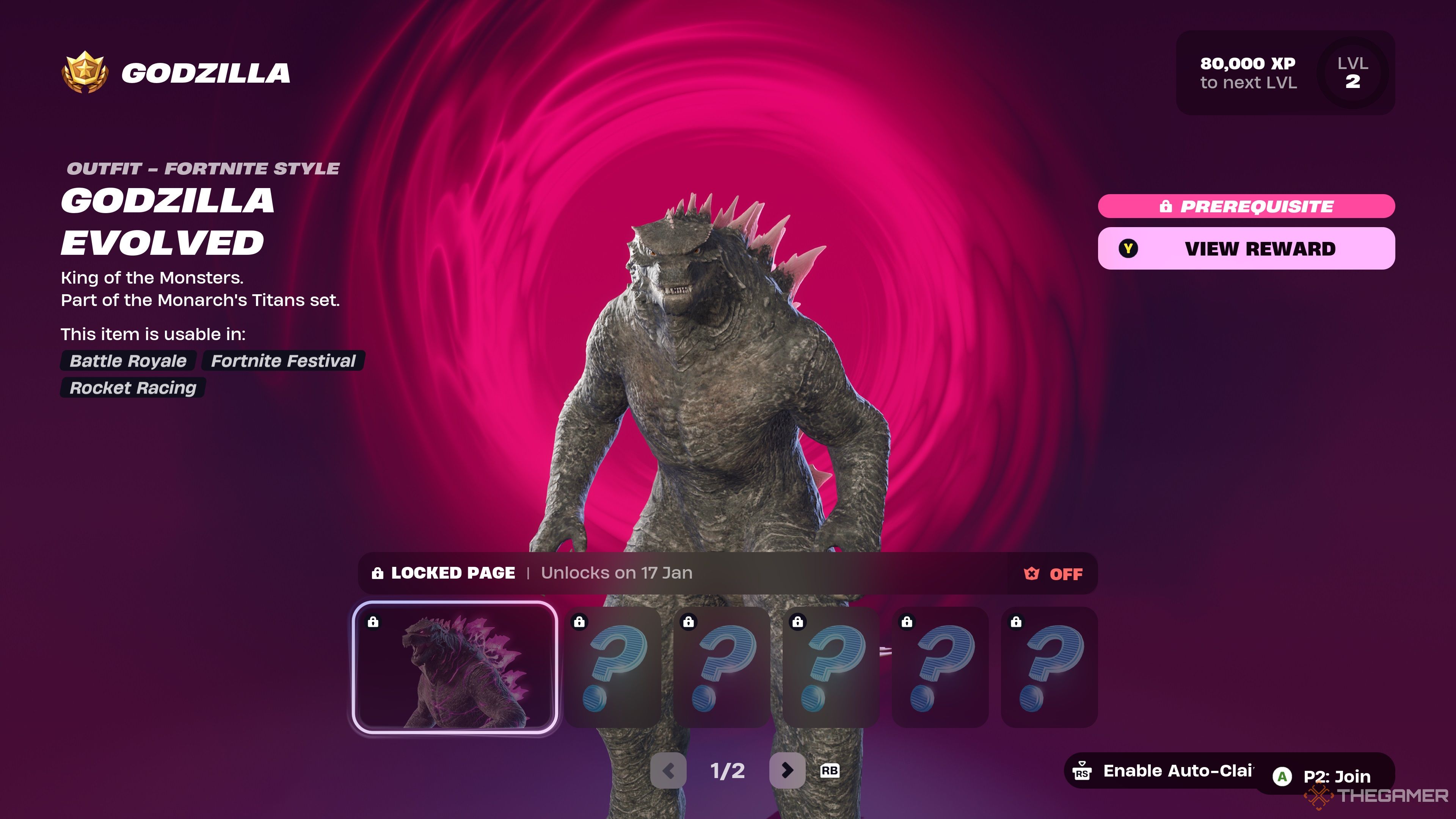 Fortnite Chapter 6 Season 1 Godzilla Reward page.