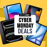 Cyber Monday deals badge surrounded by iPad models on a yellow background