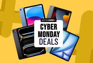 Cyber Monday deals badge surrounded by iPad models on a yellow background