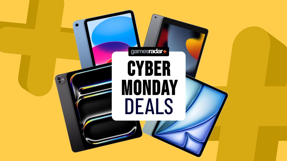 Cyber Monday deals badge surrounded by iPad models on a yellow background