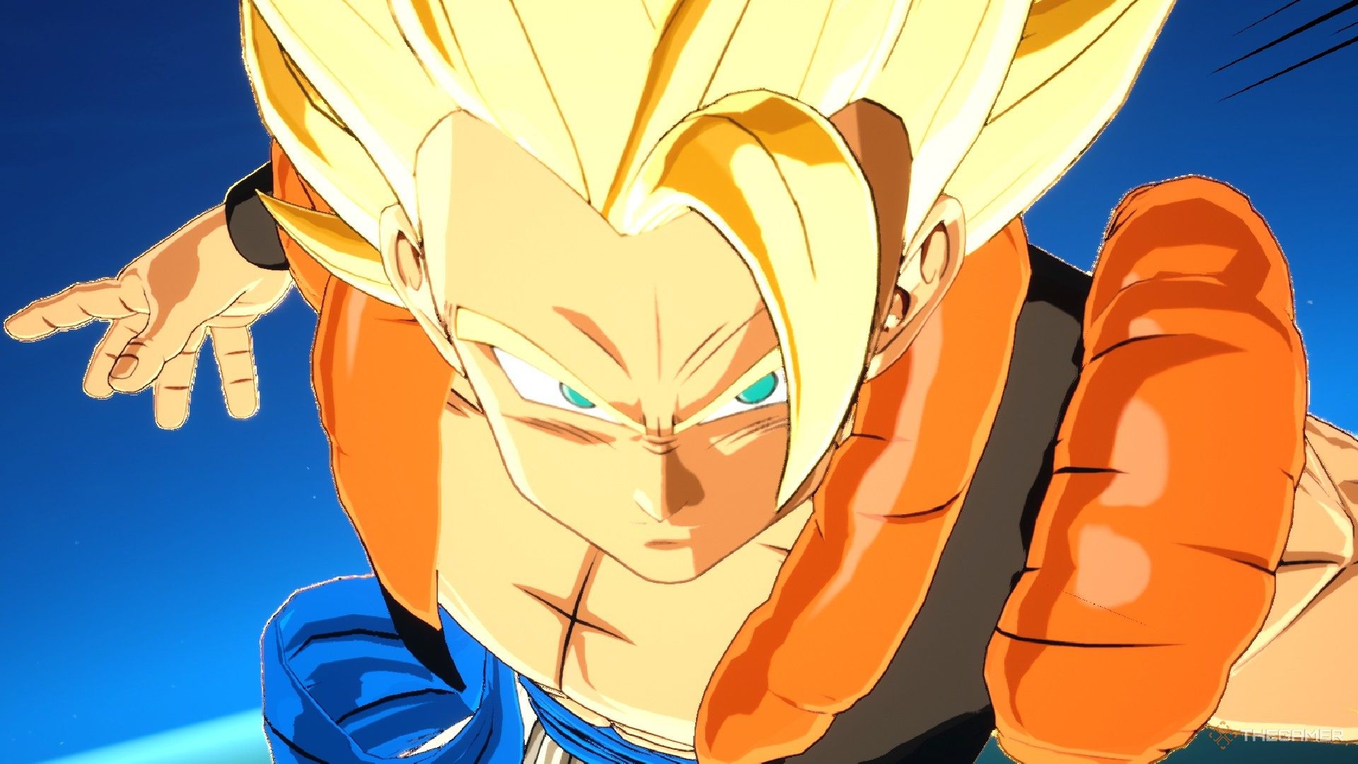 Dragon Ball Sparking Zero image showing Gogeta as a super saiyan rushing forward.