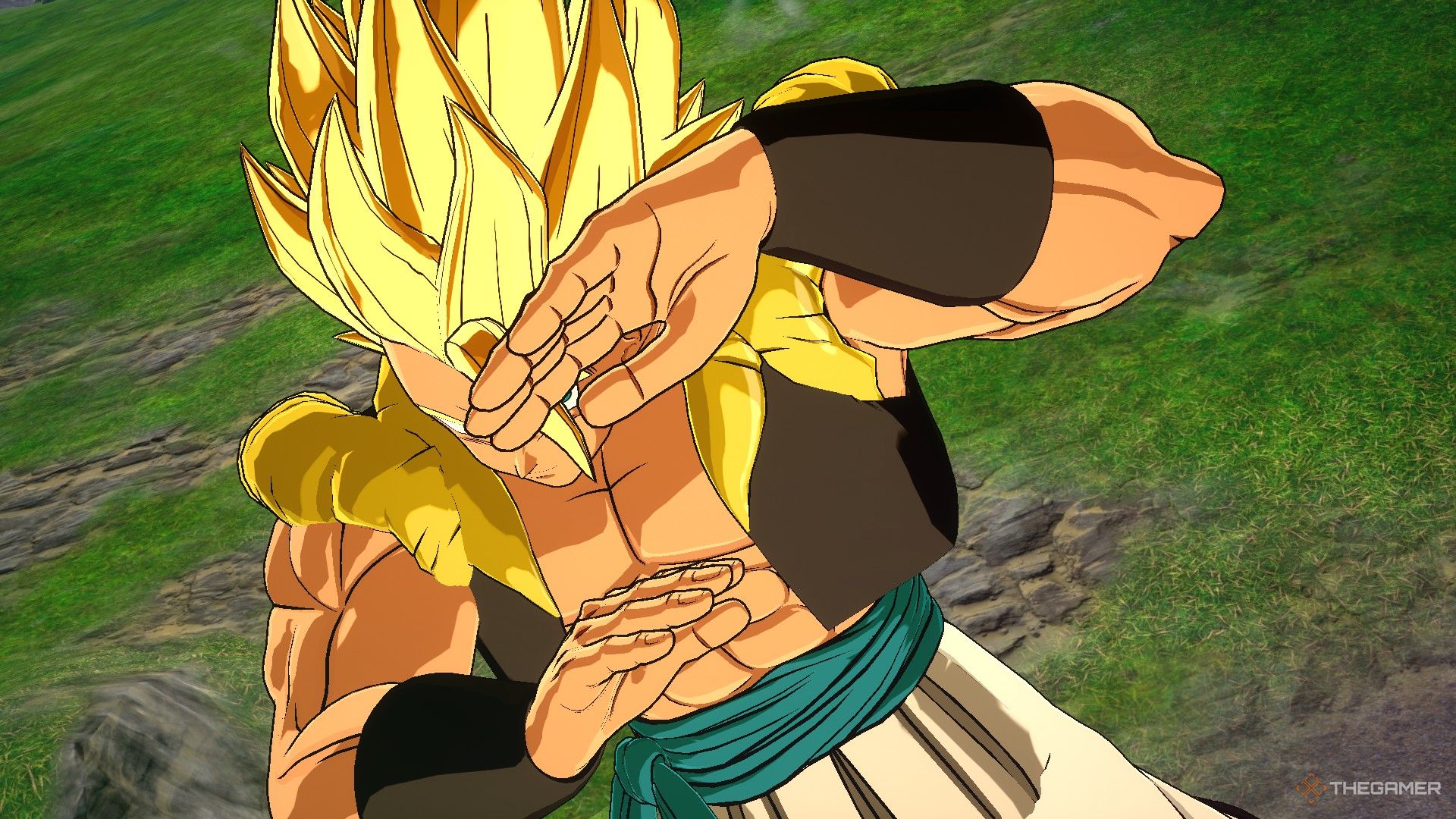 Dragon Ball Sparking Zero image showing Gogeta from Super as a Super Saiyan doing hand gestures.