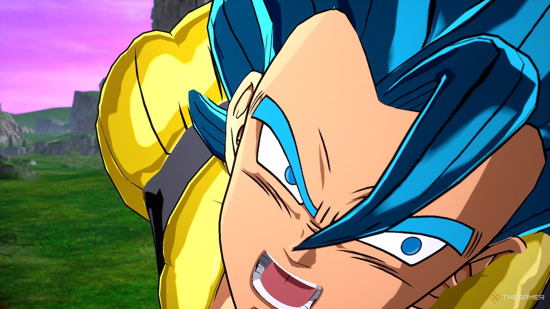 Dragon Ball Sparking Zero image showing Gogeta from Super as a Super Saiyan Blue attacking.