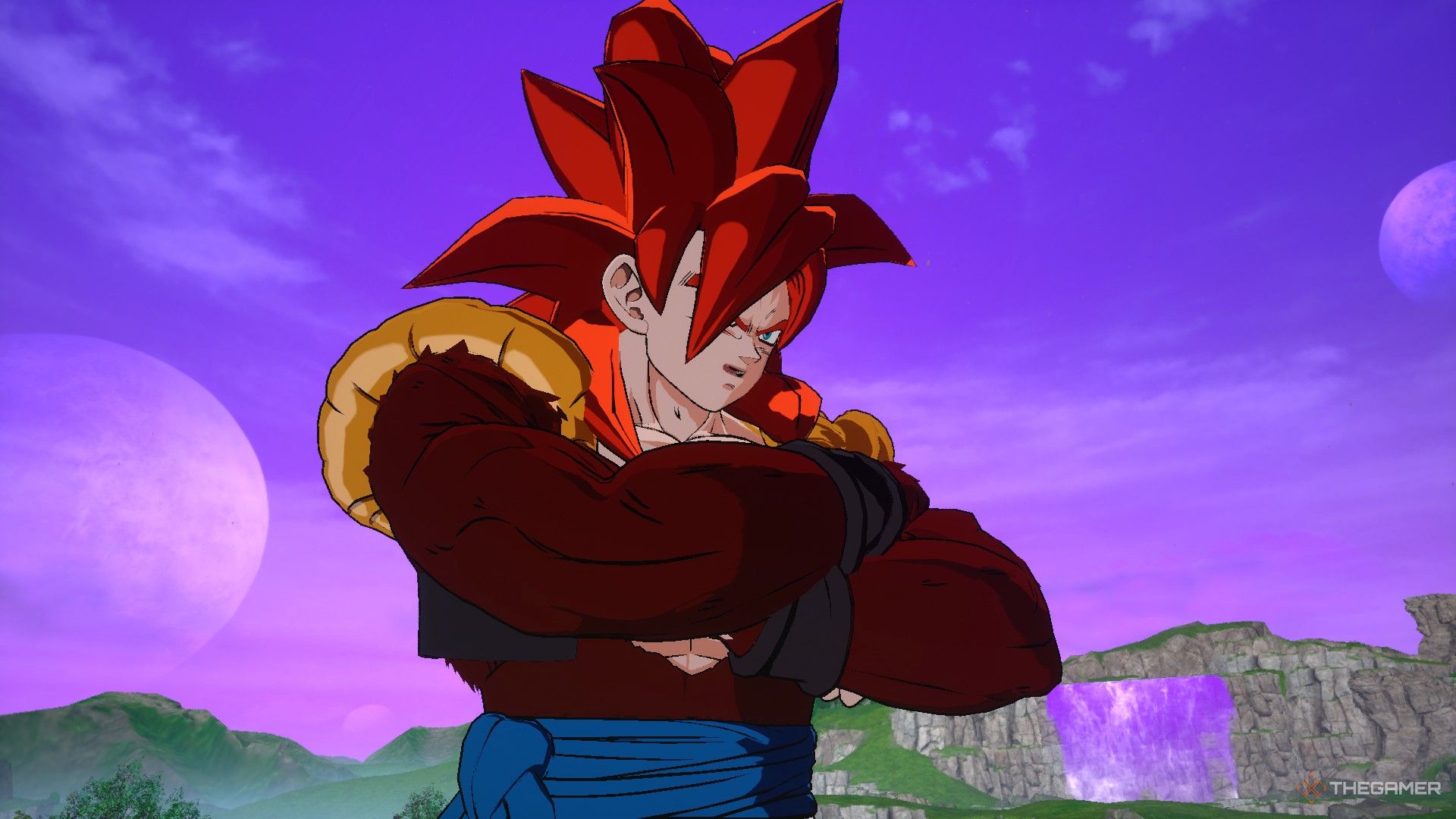 Dragon Ball Sparking Zero image showing Gogeta from Super as a Super Saiyan 4 crossing his arms.