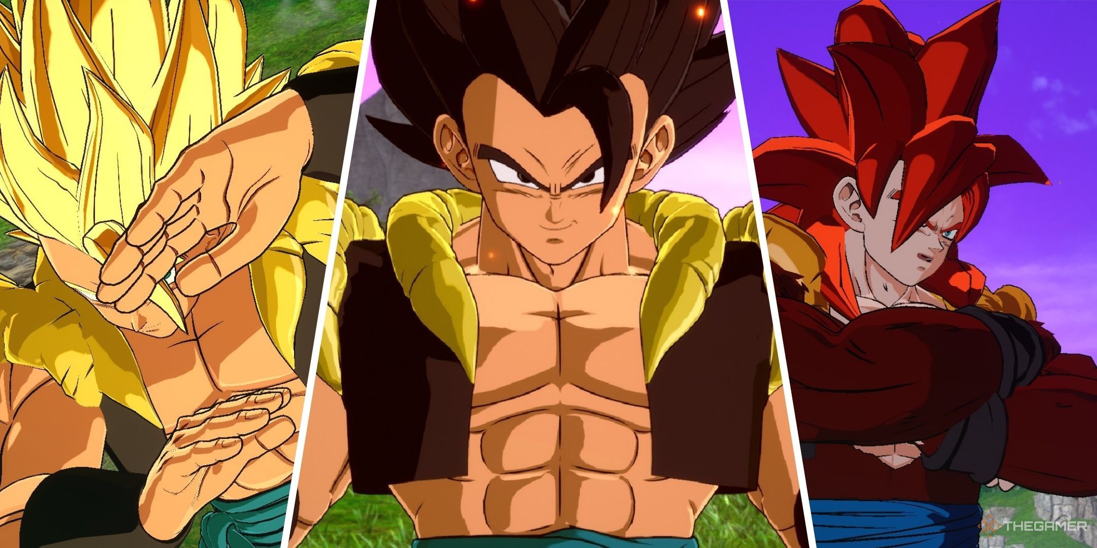 Dragon Ball Sparking Zero image showing Gogeta in base form, Super Saiyan, and Super Saiyan 4.