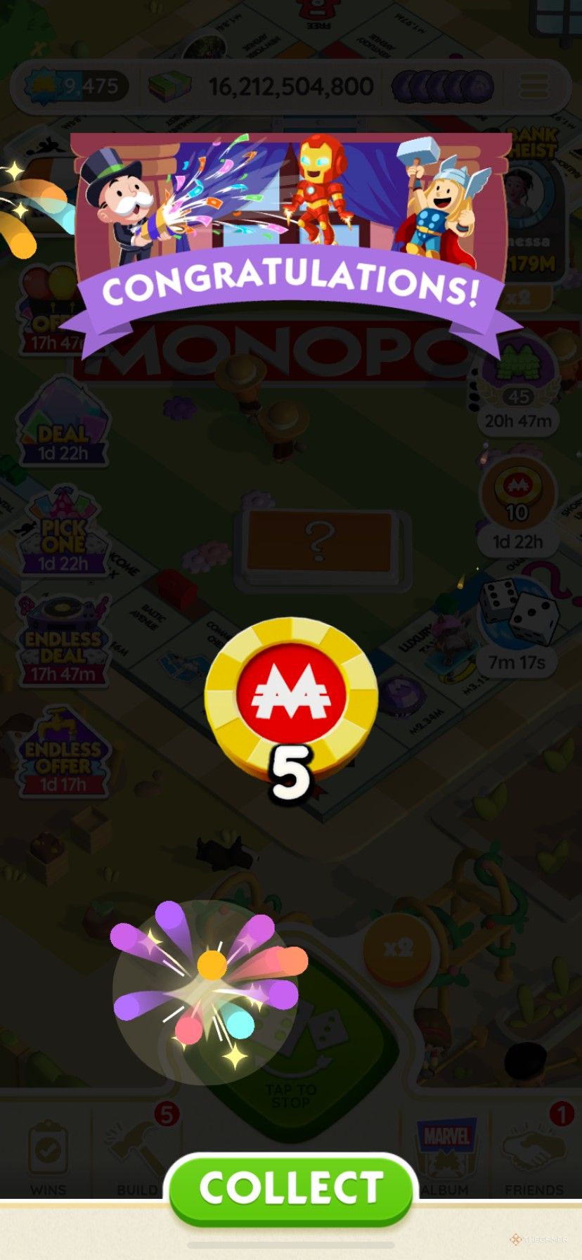 Earning 5 free Peg-E Deluxe Drop tokens from the Super Soiree event in Monopoly Go.