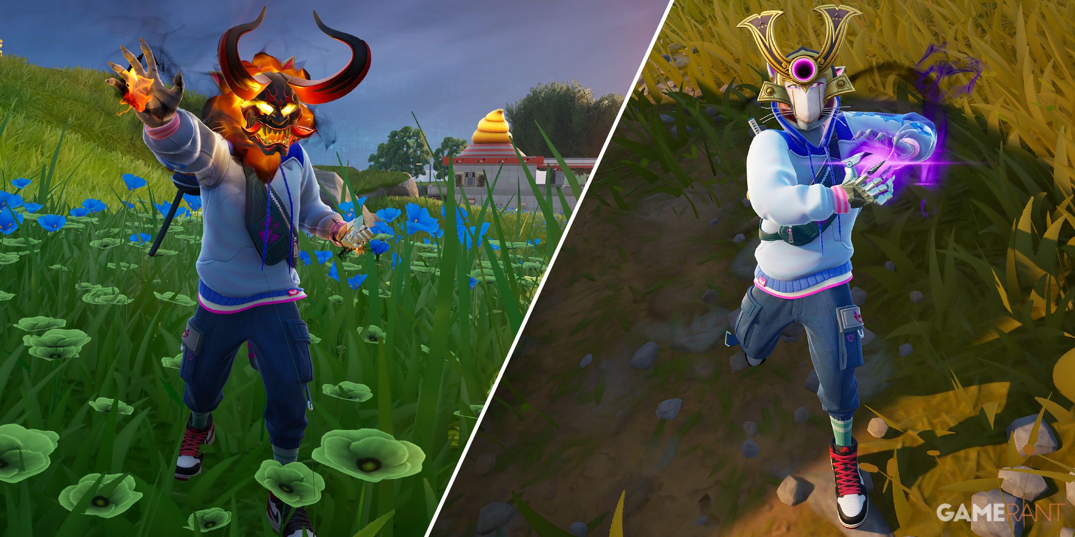 Split-image showcasing the Fire Oni Mask and the Void Oni Mask in Fortnite