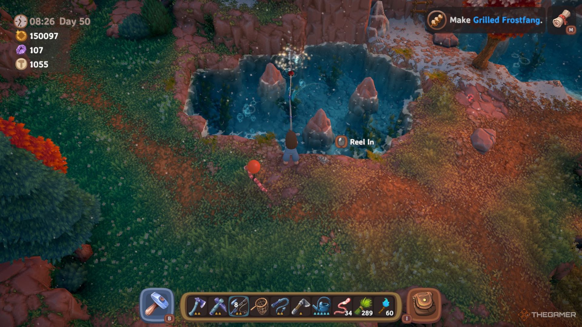 Player character using their Fishing Rod to catch treasure at the Mountain area in Luma Island.