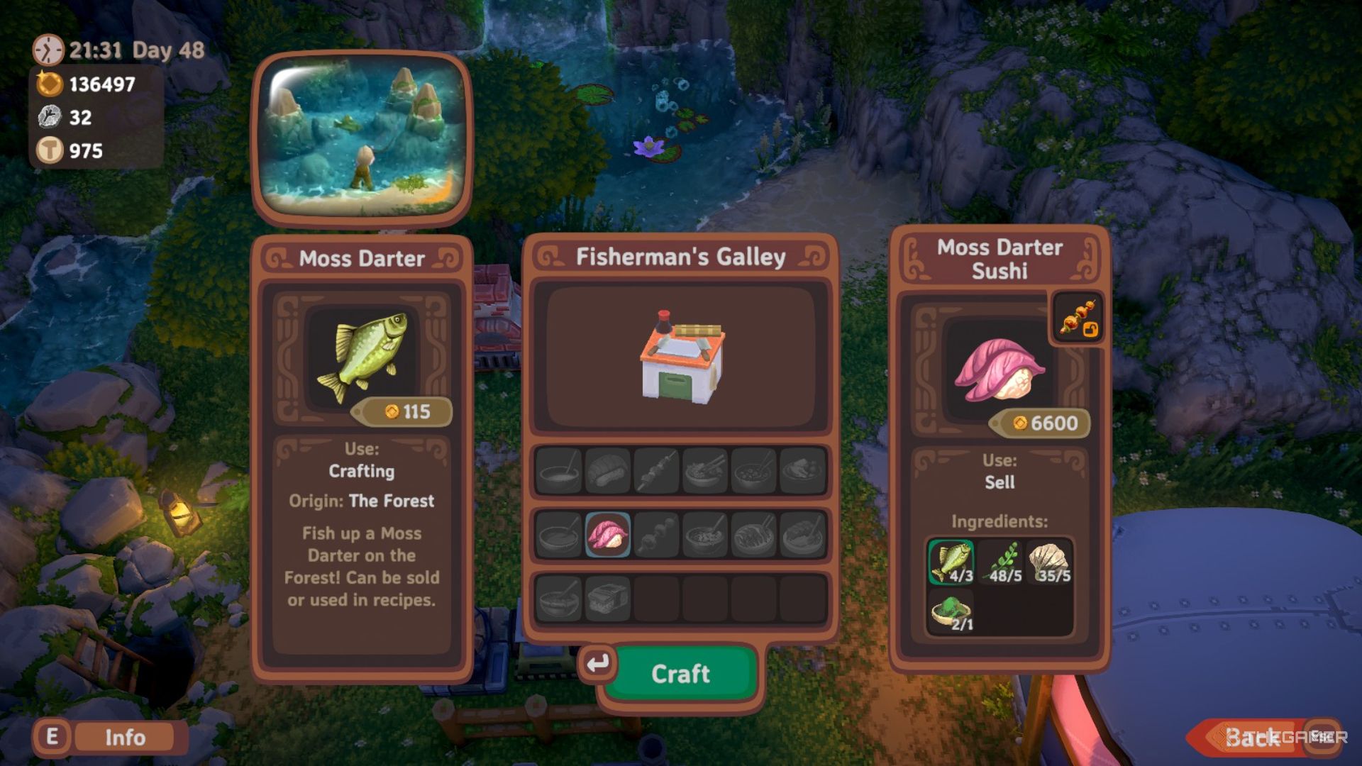 Player character in the Fisherman's Galley crafter and showing the Moss Darter Sushi recipe in Luma Island.