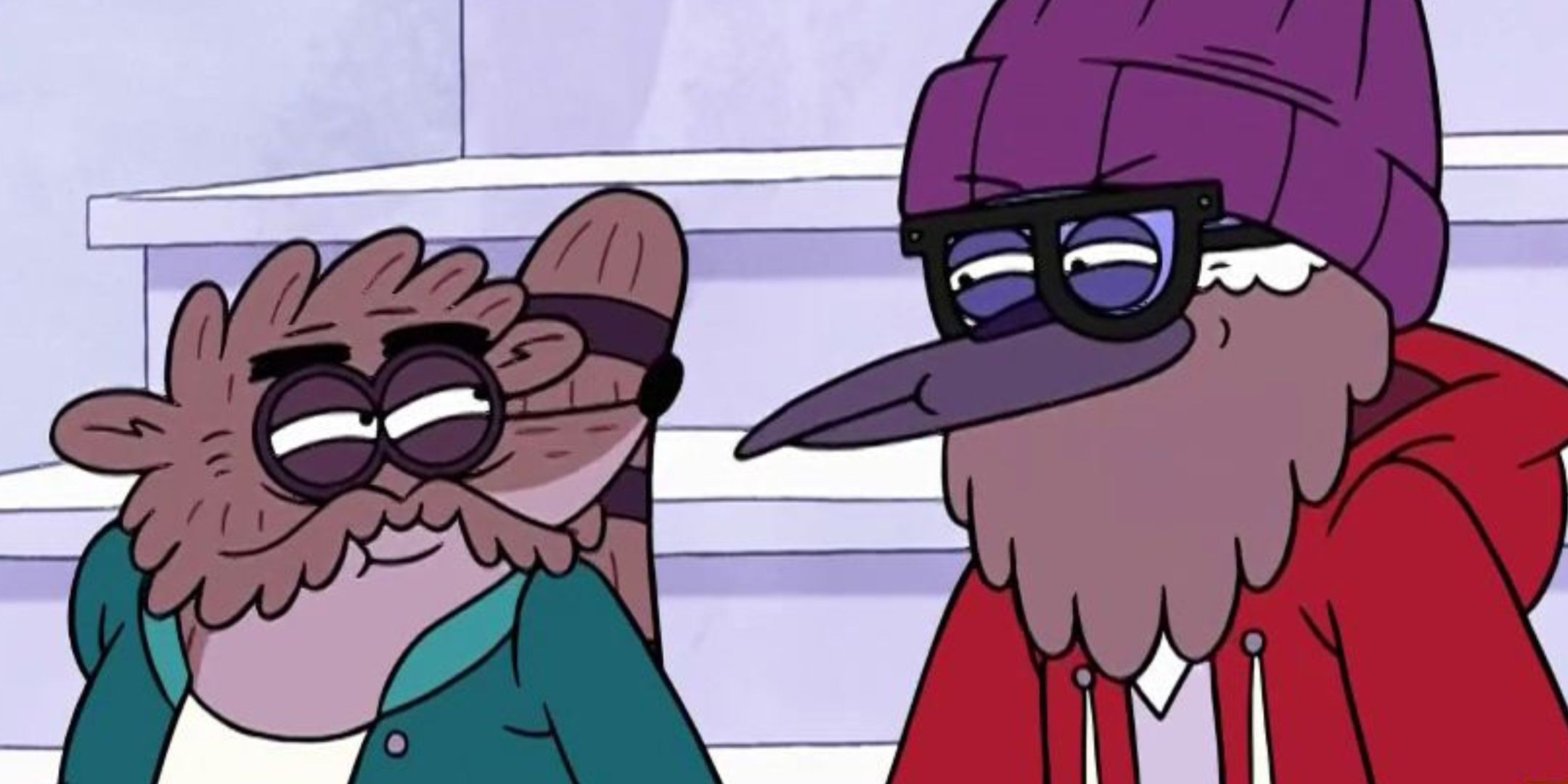 An aged Mortecai and Rigby smile. 