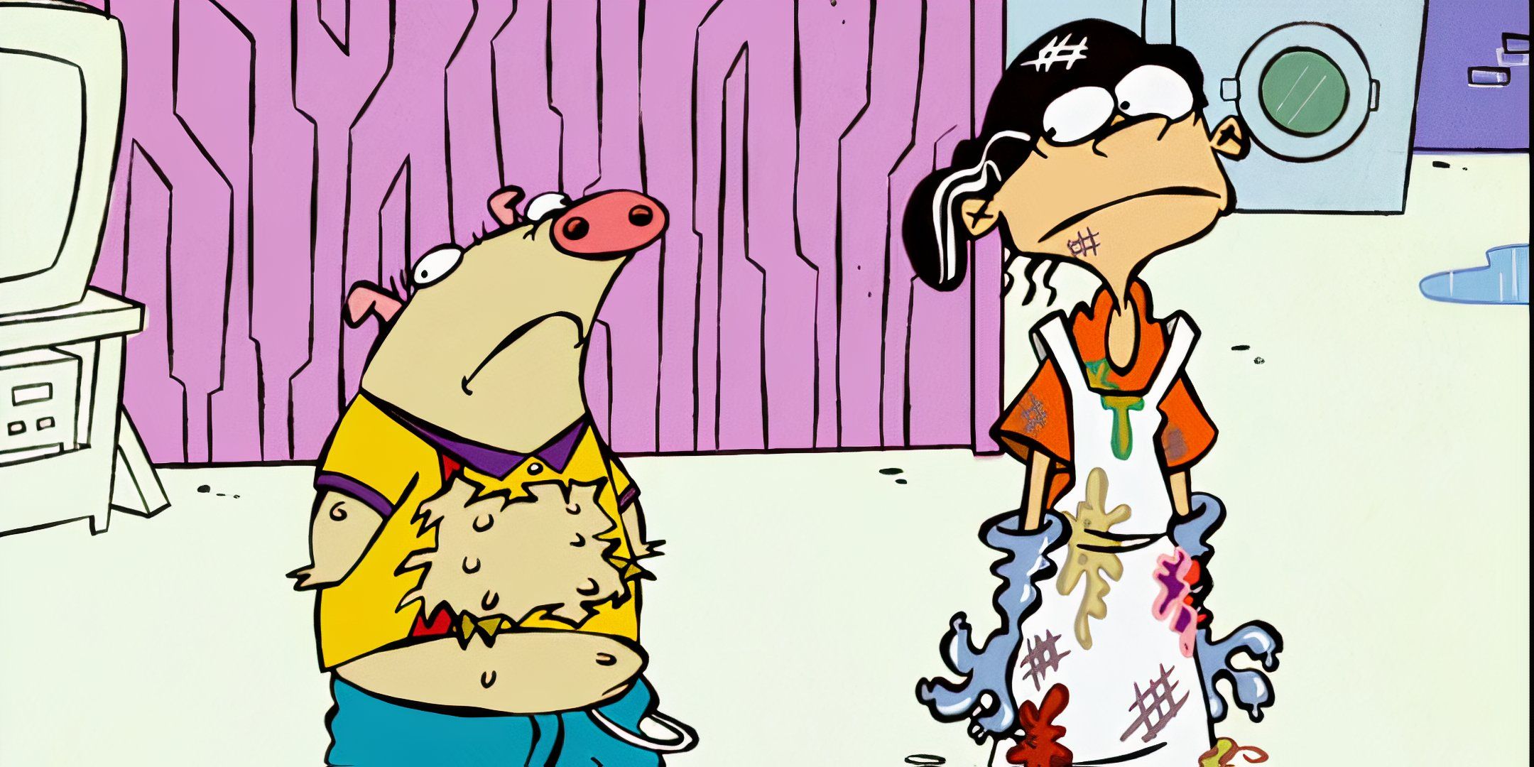 Screenshot of Ed, Edd, and Eddy showing Double D with a pig in Eddy's clothes.