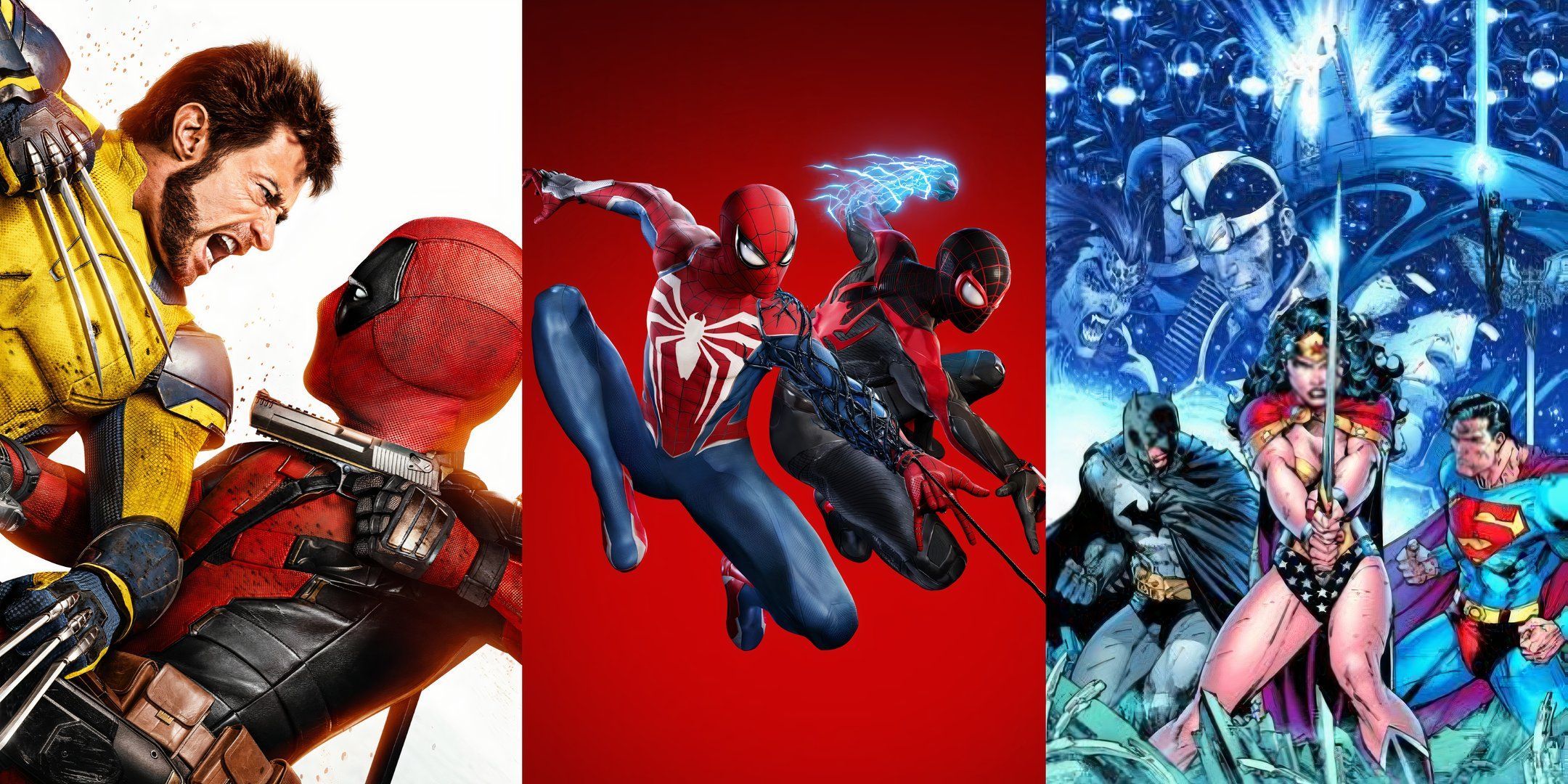 Deadpool and Wolverine poster, box art to Spider-Man 2 PS5, and cover for Infinite Crisis