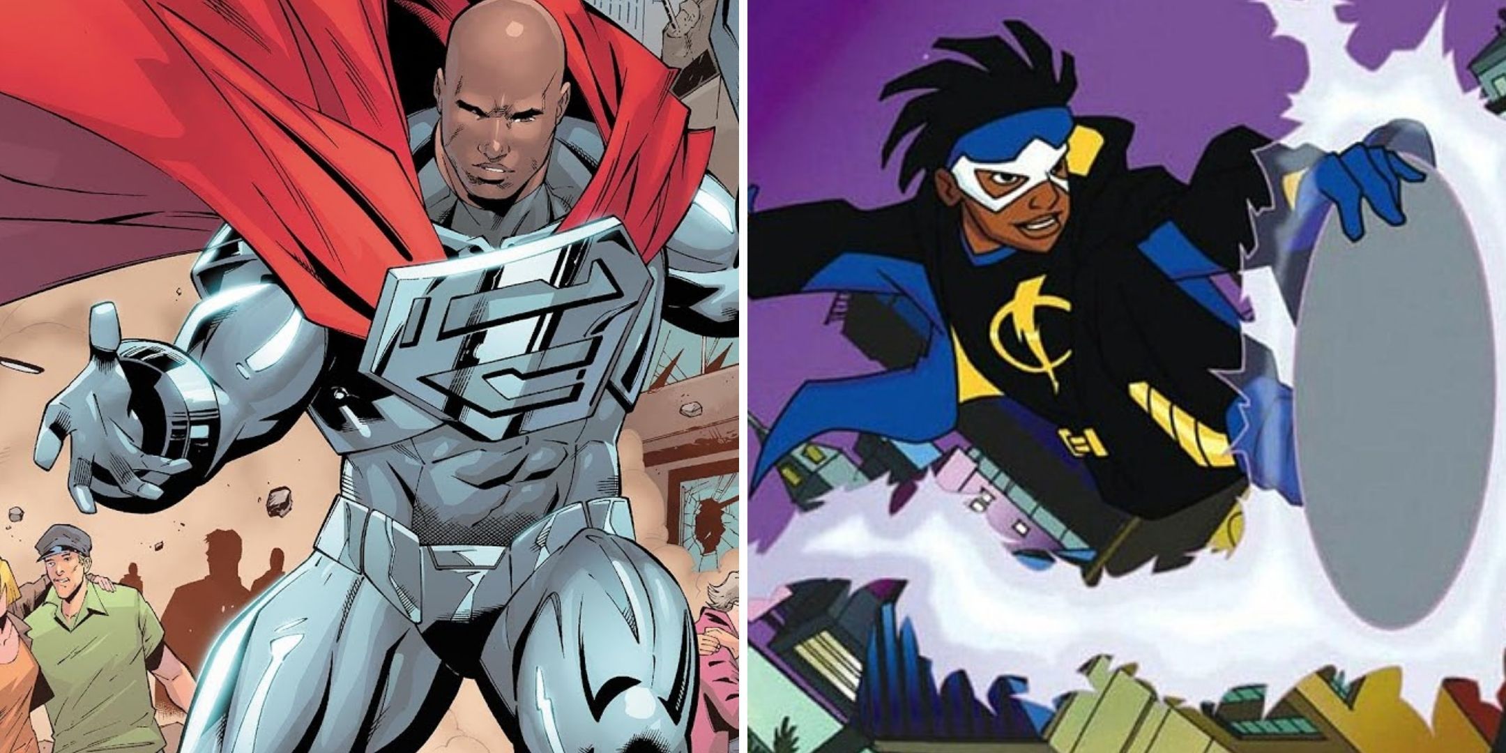 Steel and Static Shock in a collage of DC comic heroes.