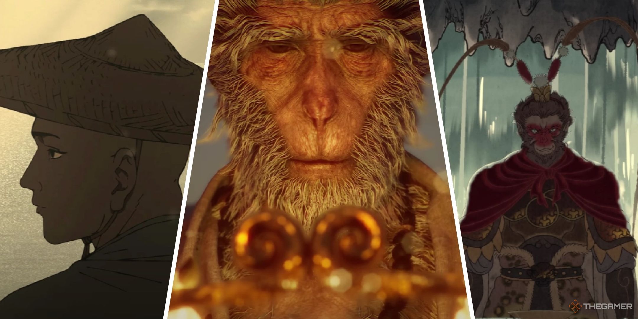 Black Myth: Wukong image showing the tang monk, the old monkey, and Wukong.