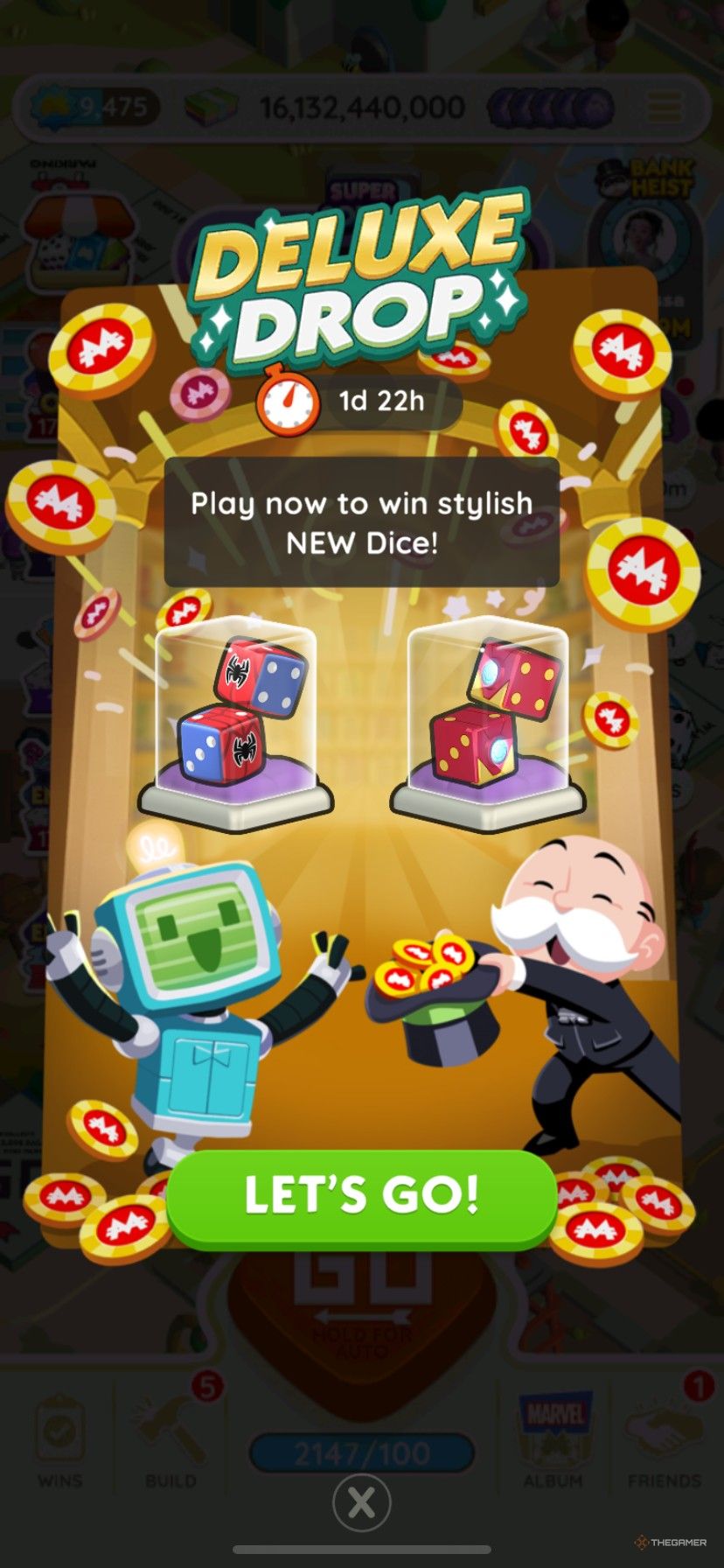 The introduction to new dice skins in Monopoly Go with the Peg-E Deluxe Drop event.