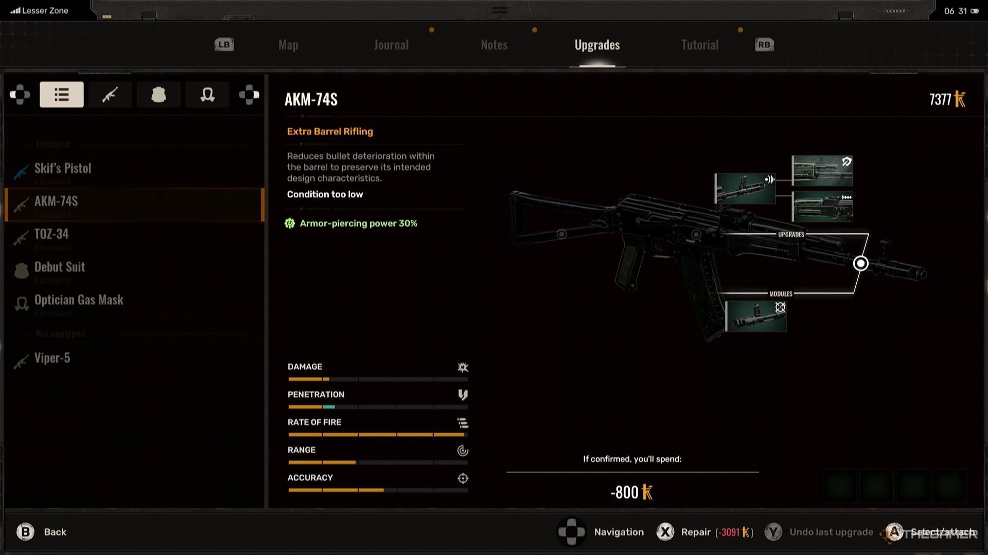 Looking at the Extra Barrel Rifling upgrade for the AKM-74S in Stalker 2.