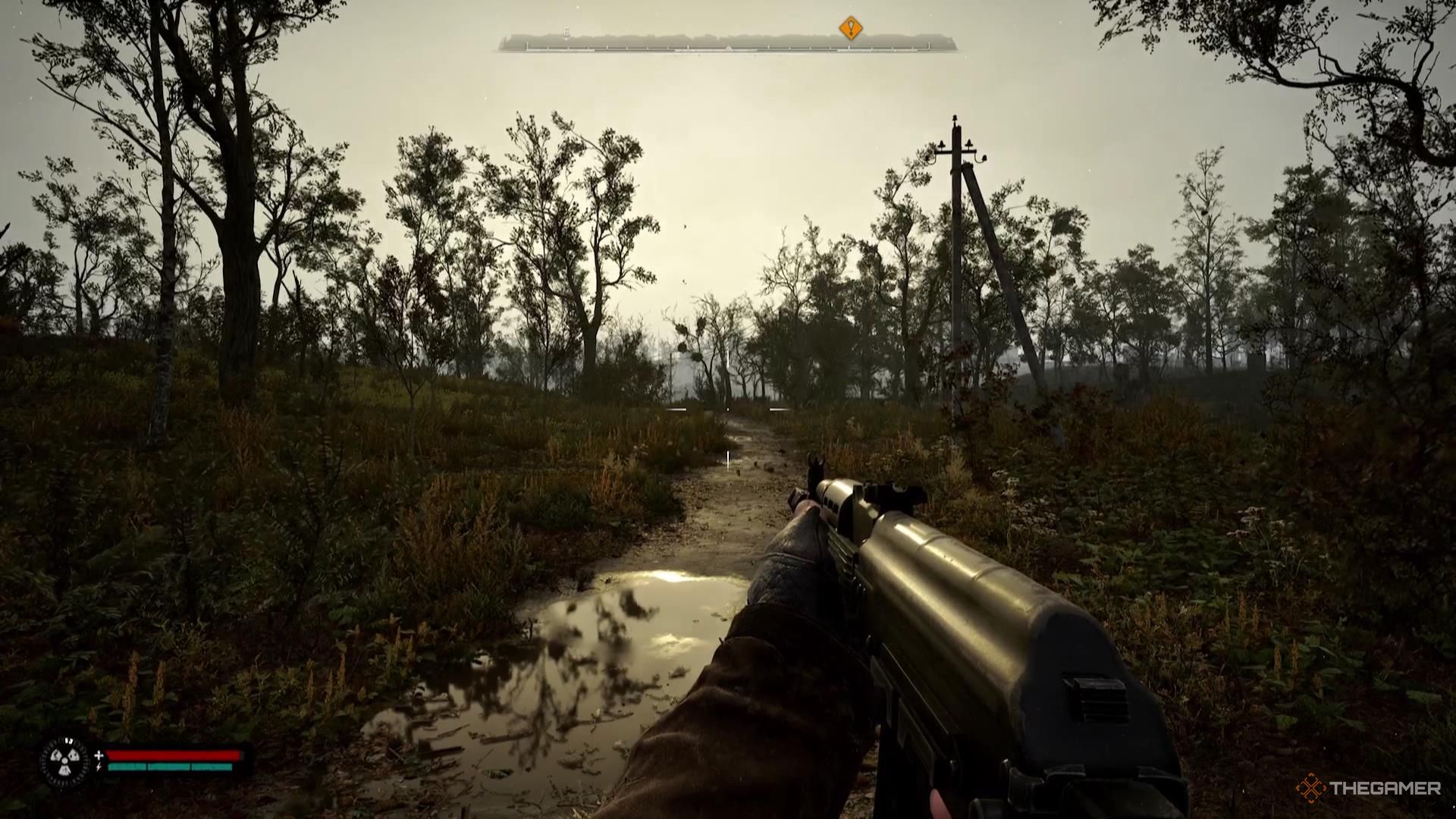 A Stalker with an AKM-74S walks down a wet road while a dimly-lit sky hangs above in Stalker 2.