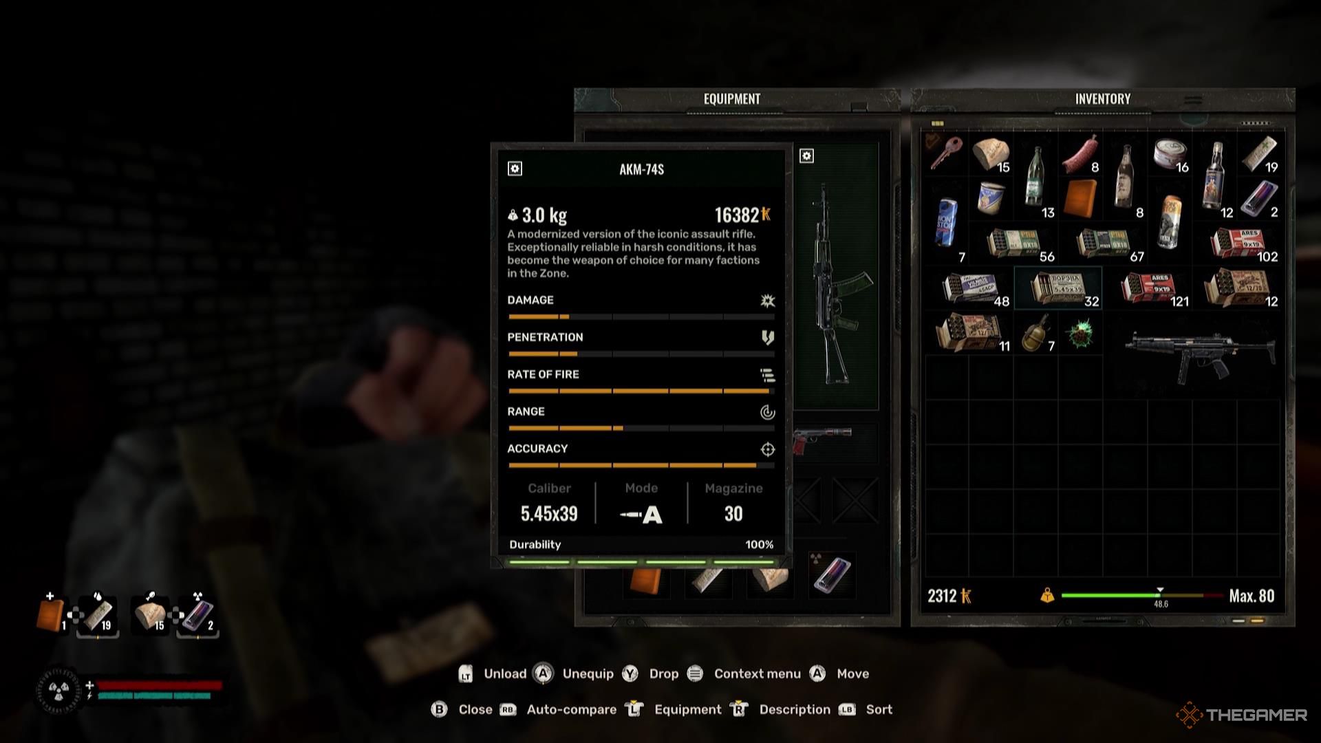 Looking at a fully-upgraded AKM-74S's stats in Stalker 2.