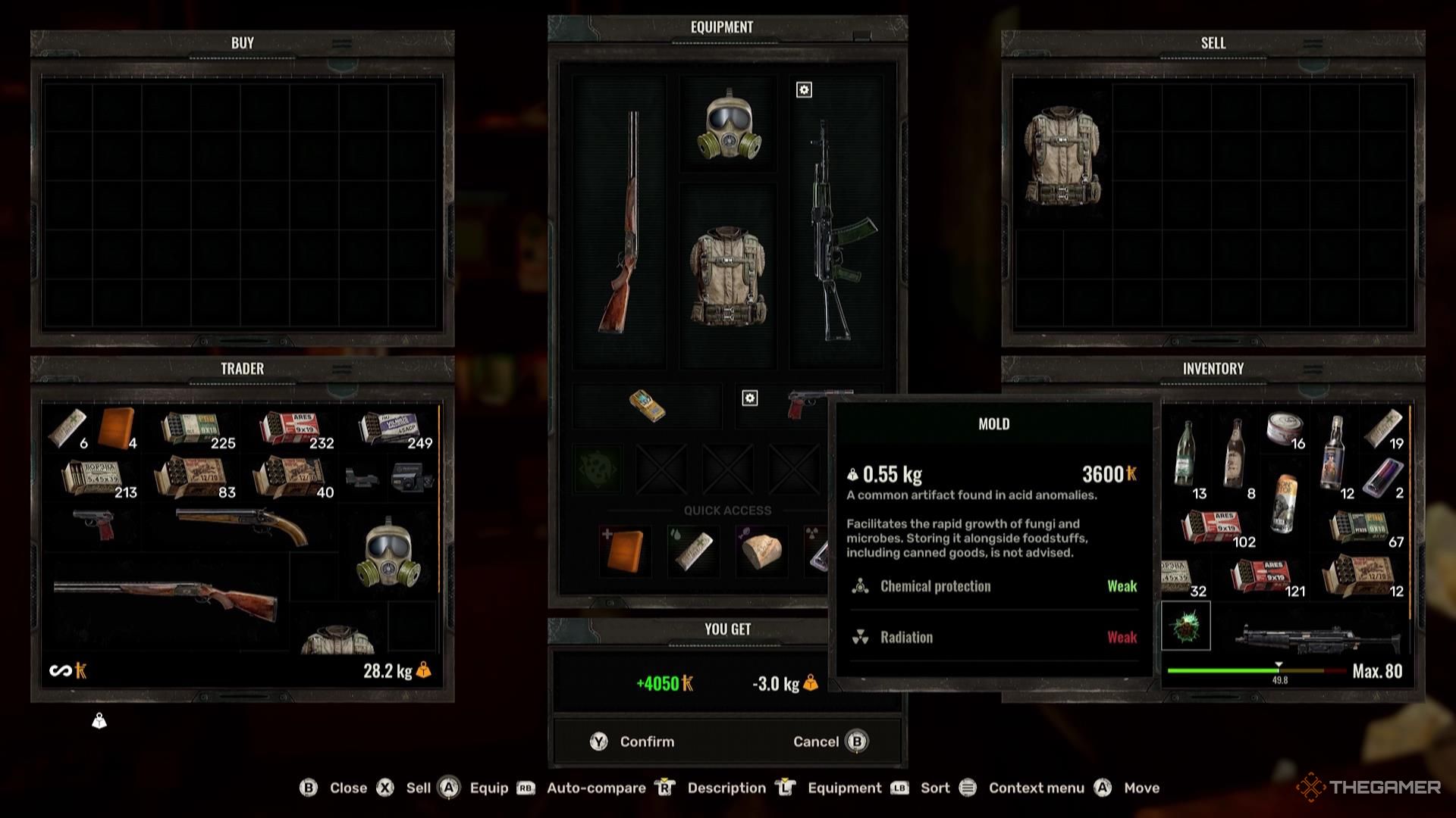 Selling a piece of gear to a vendor for thousands of coupons in Stalker 2.