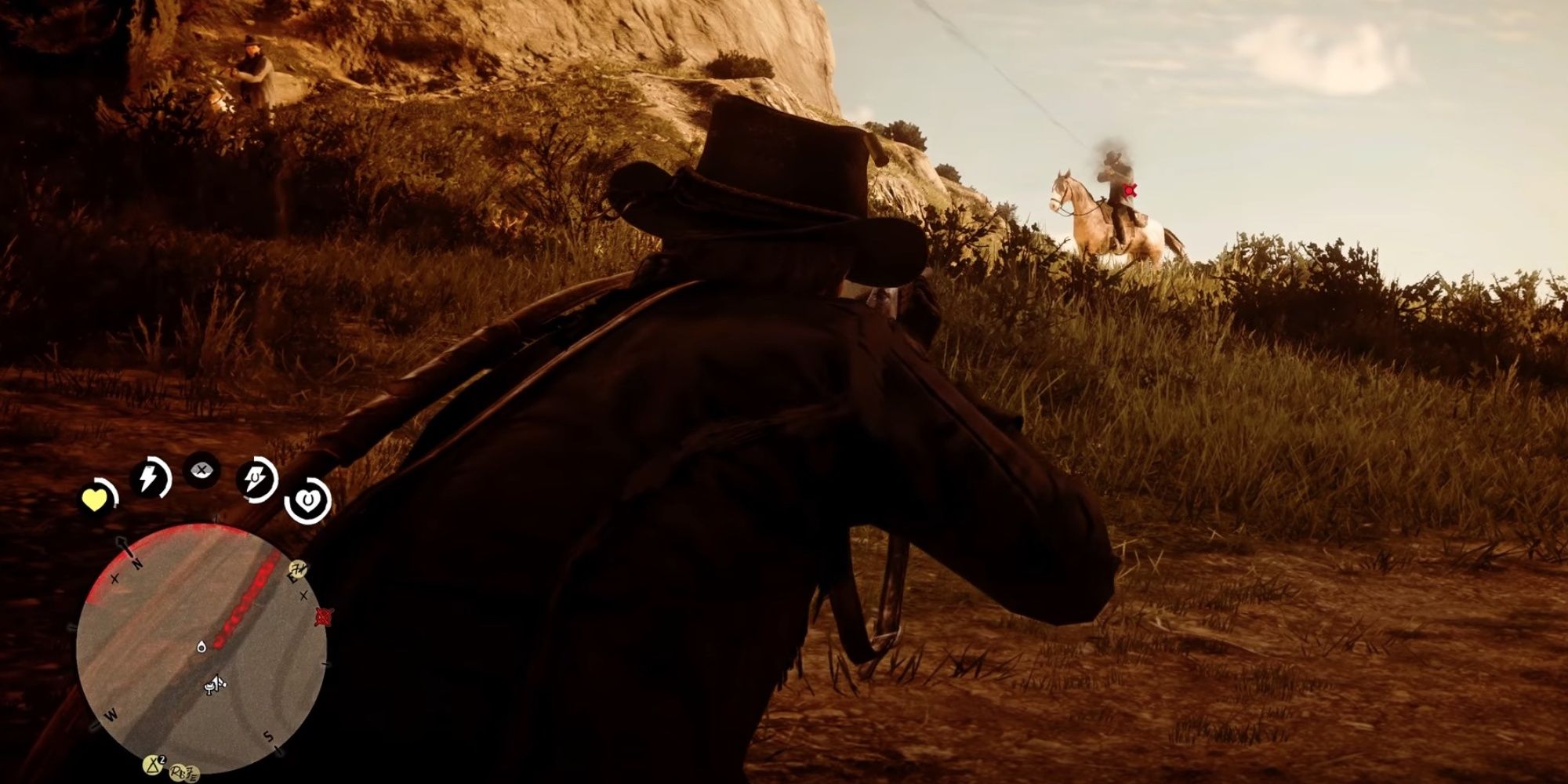 Arthur aiming a gun in Red Dead Redemption 2