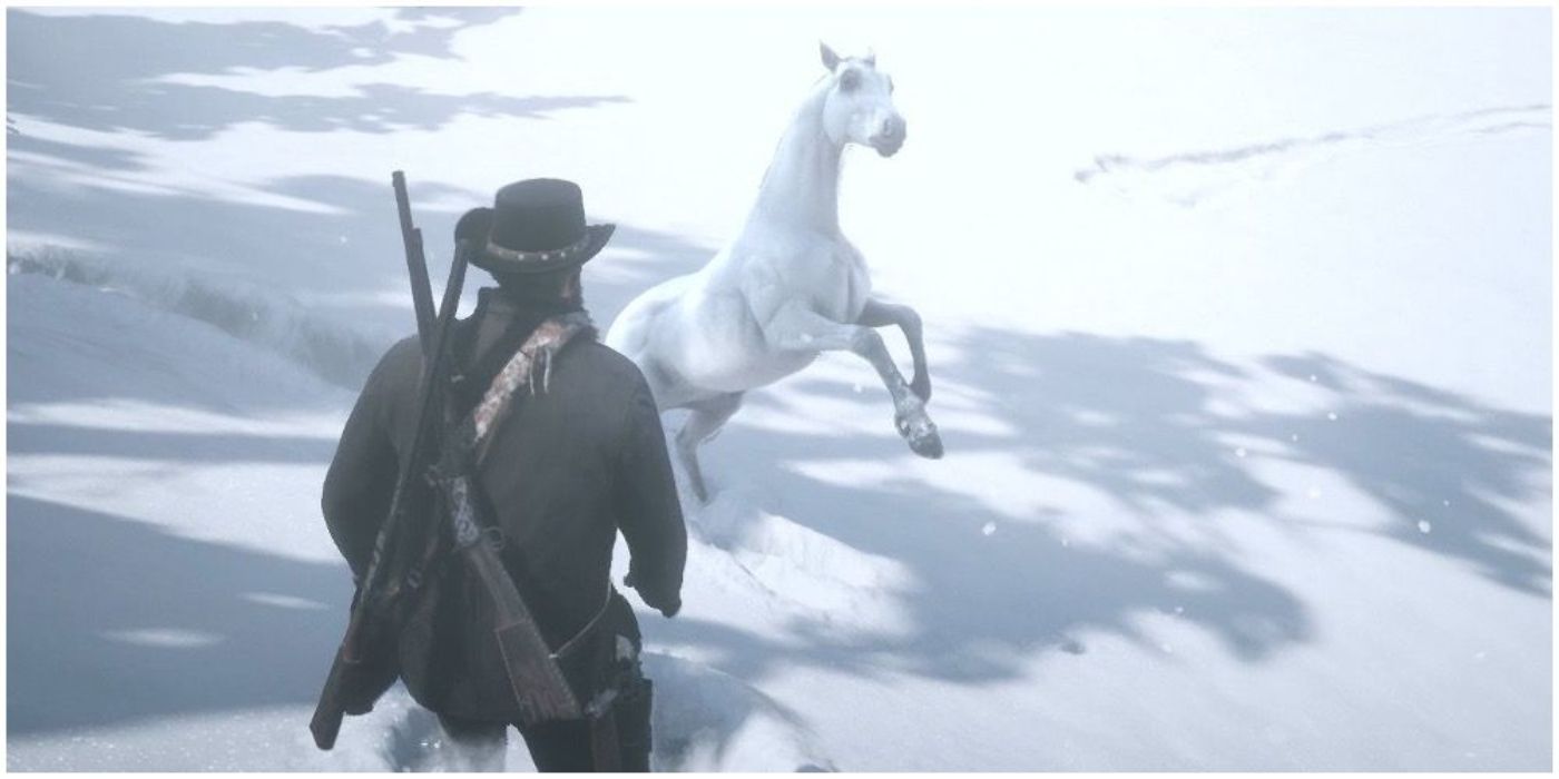 Arthur Morgan trying to calm down a White Arabian in Red Dead Redemption 2 (1)