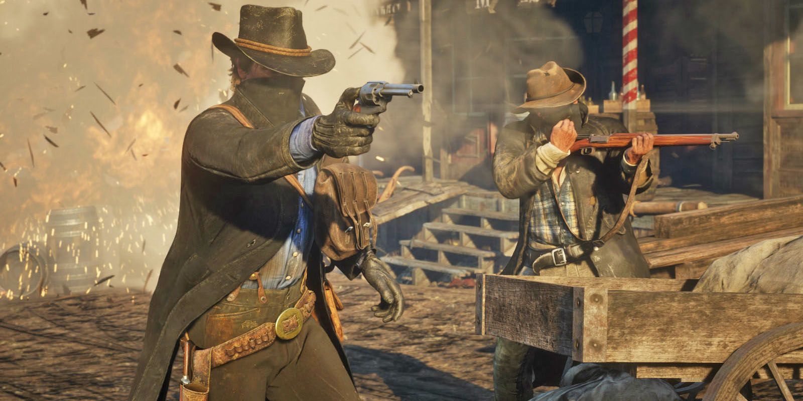 Arthur firing a gun in Red Dead Redemption 2