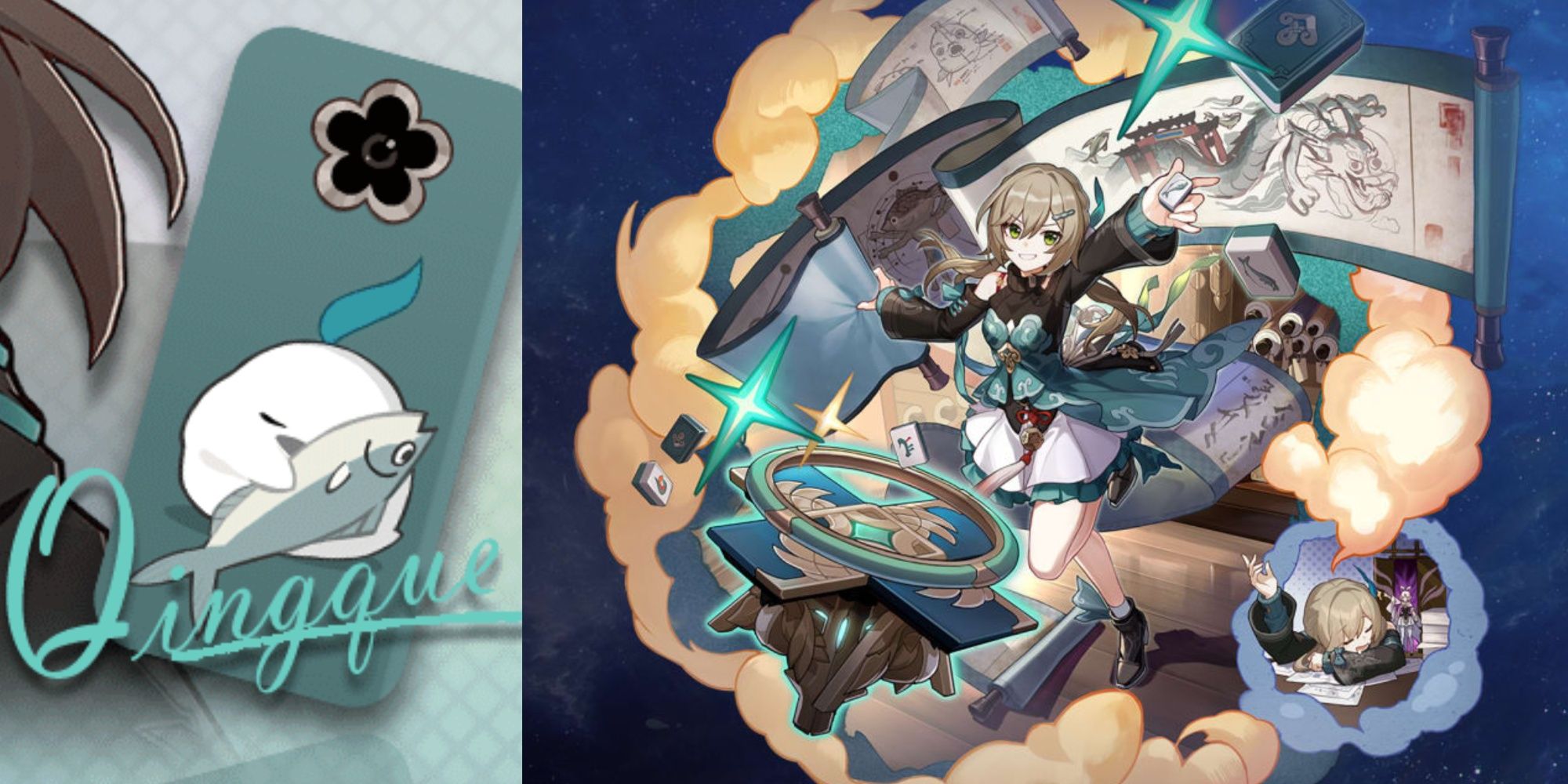 Qingque's phone case and character portrait in Honkai: Star Rail.