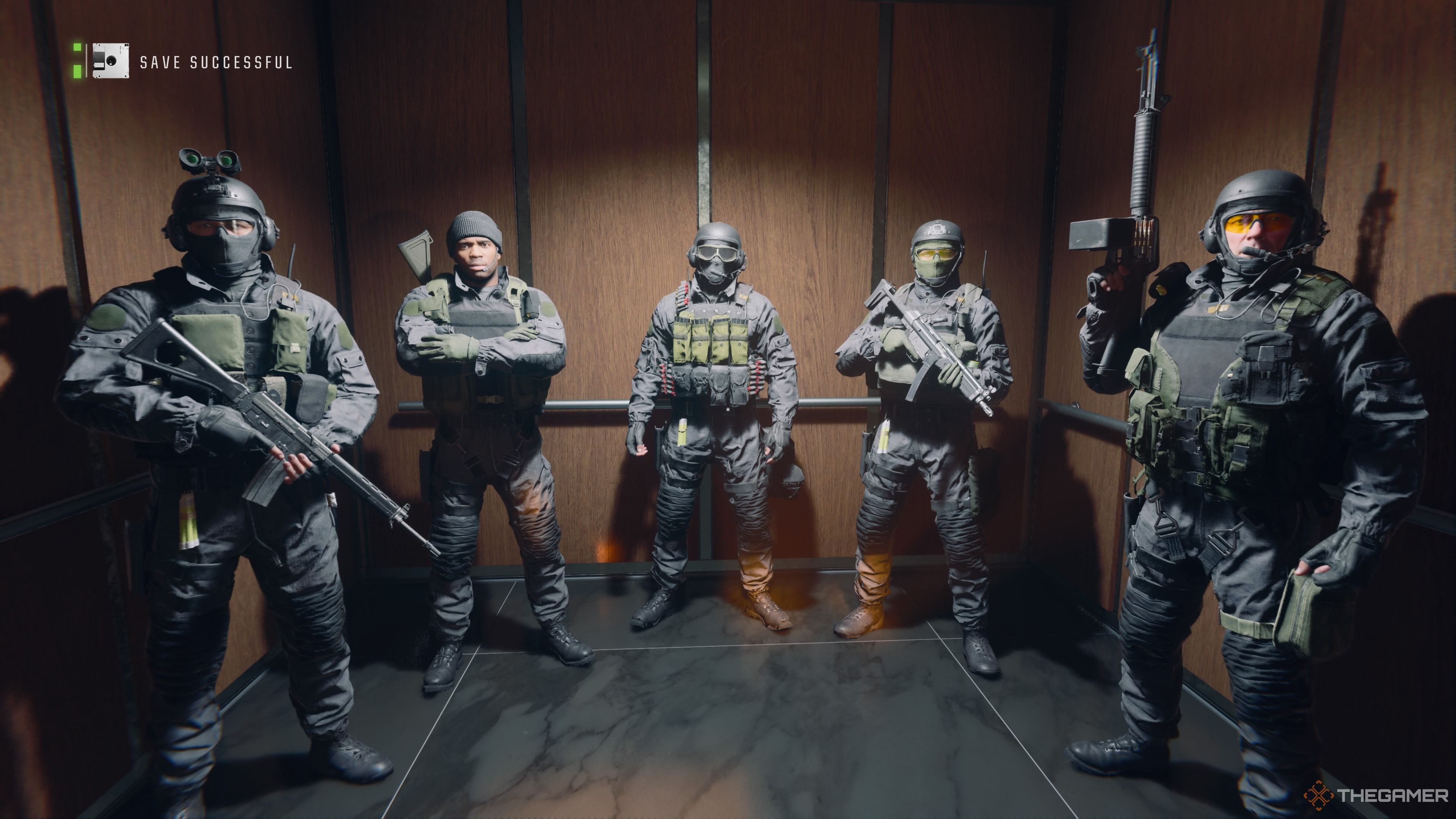 Pantheon soldiers standing in an elevator, fully armed, in Call of Duty: Black Ops 6.