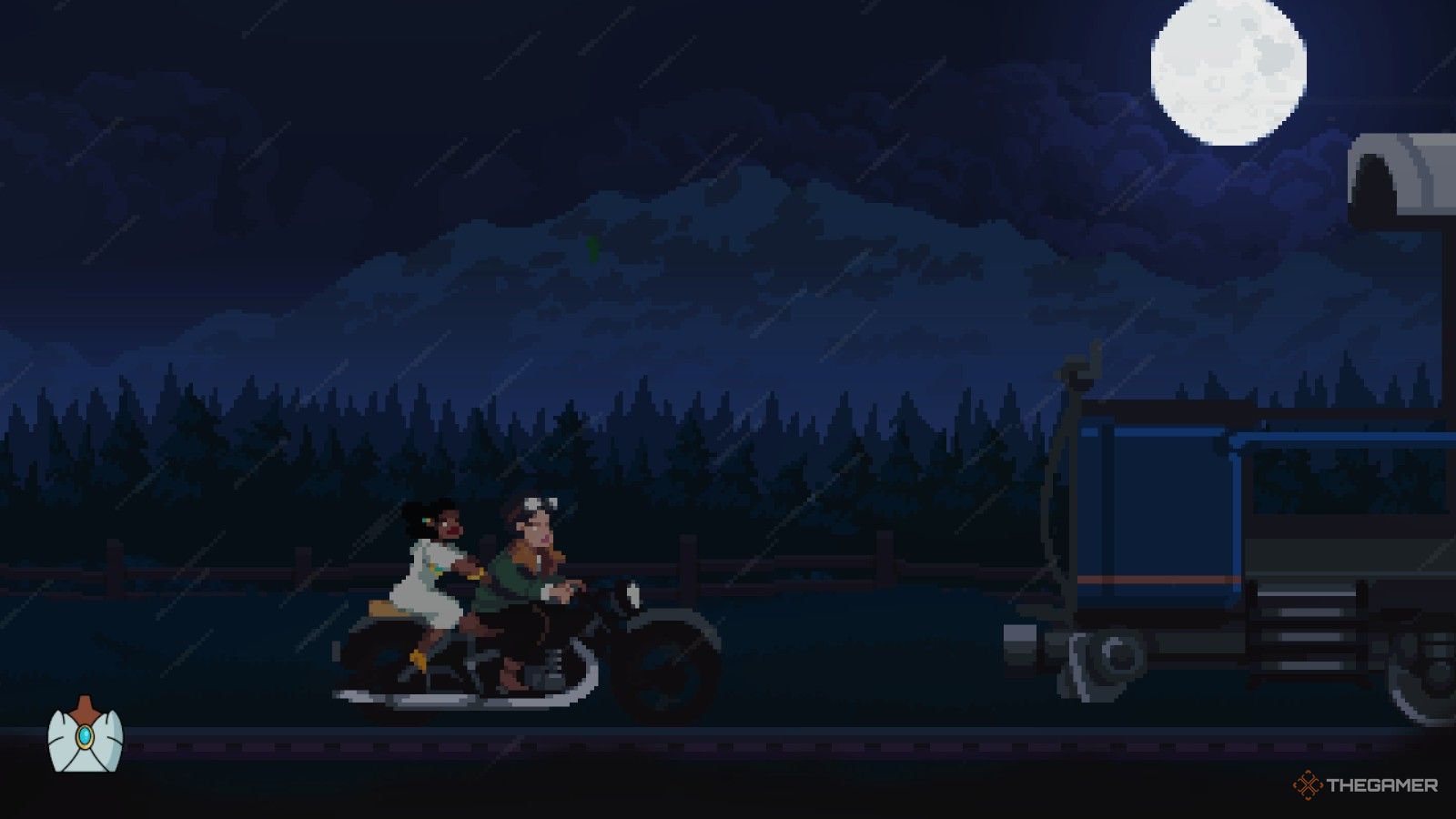 The bike behind the train in Loco Motive.