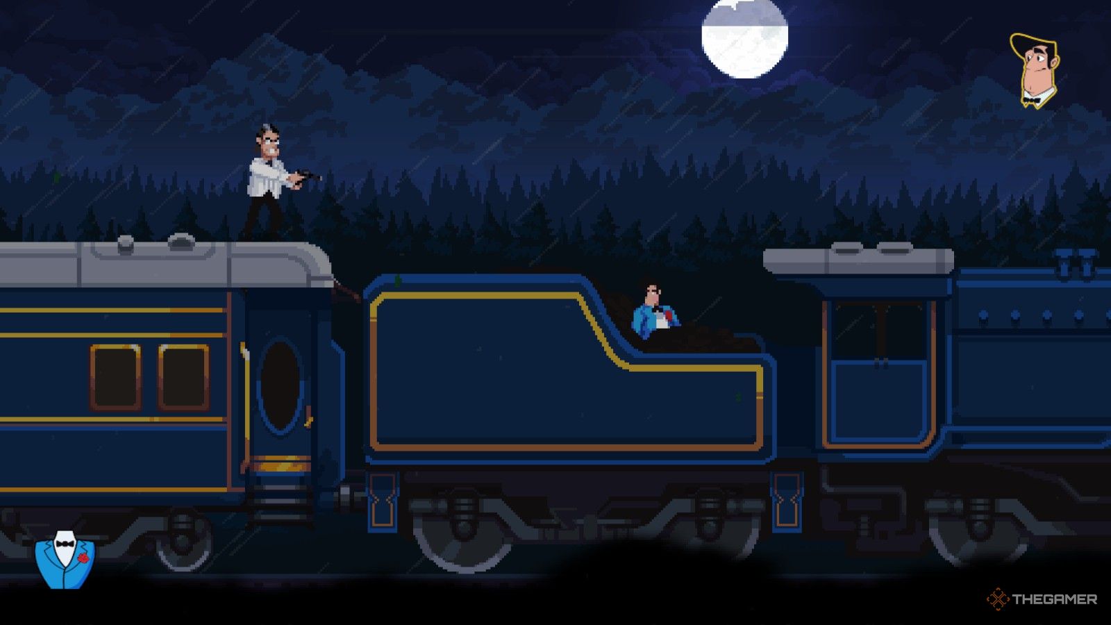 Jian and Arthur on top of the train in Loco Motive.