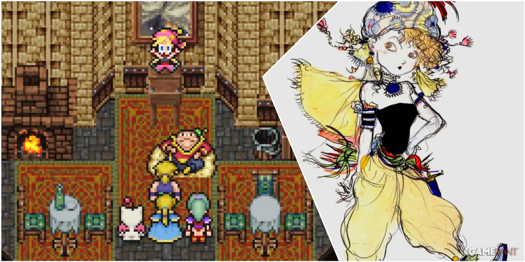 A Collage Of Key Art & A Key Frame Of Relm From Final Fantasy VI