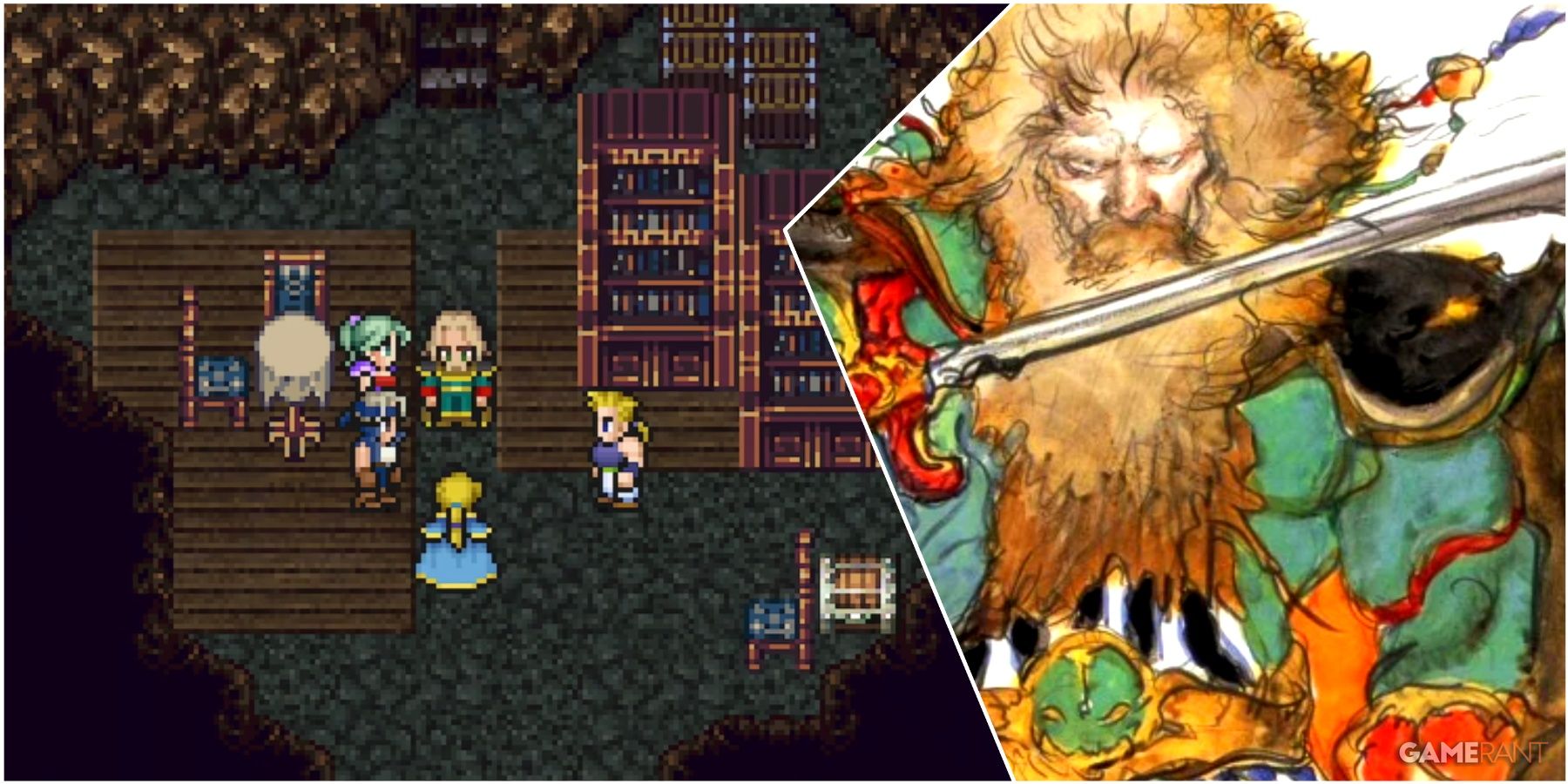 A Collage Of Key Art & A Key Frame Of Banon From Final Fantasy VI