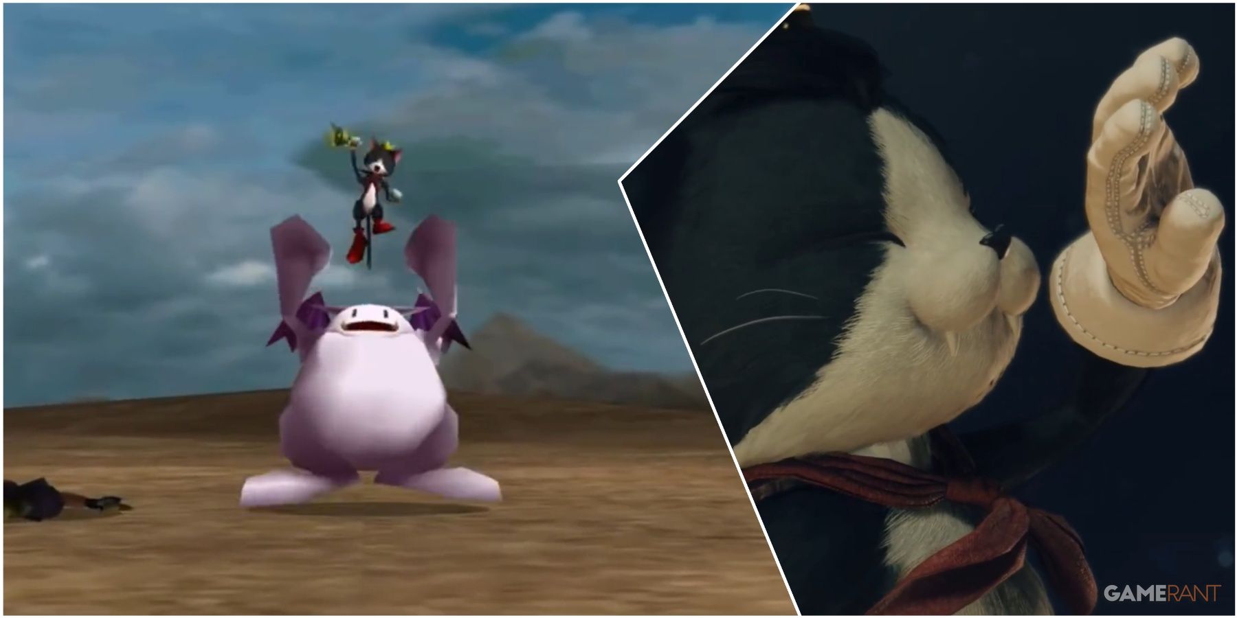 A Collage Of Key Art & A Key Frame Of Cait Sith From Final Fantasy VII