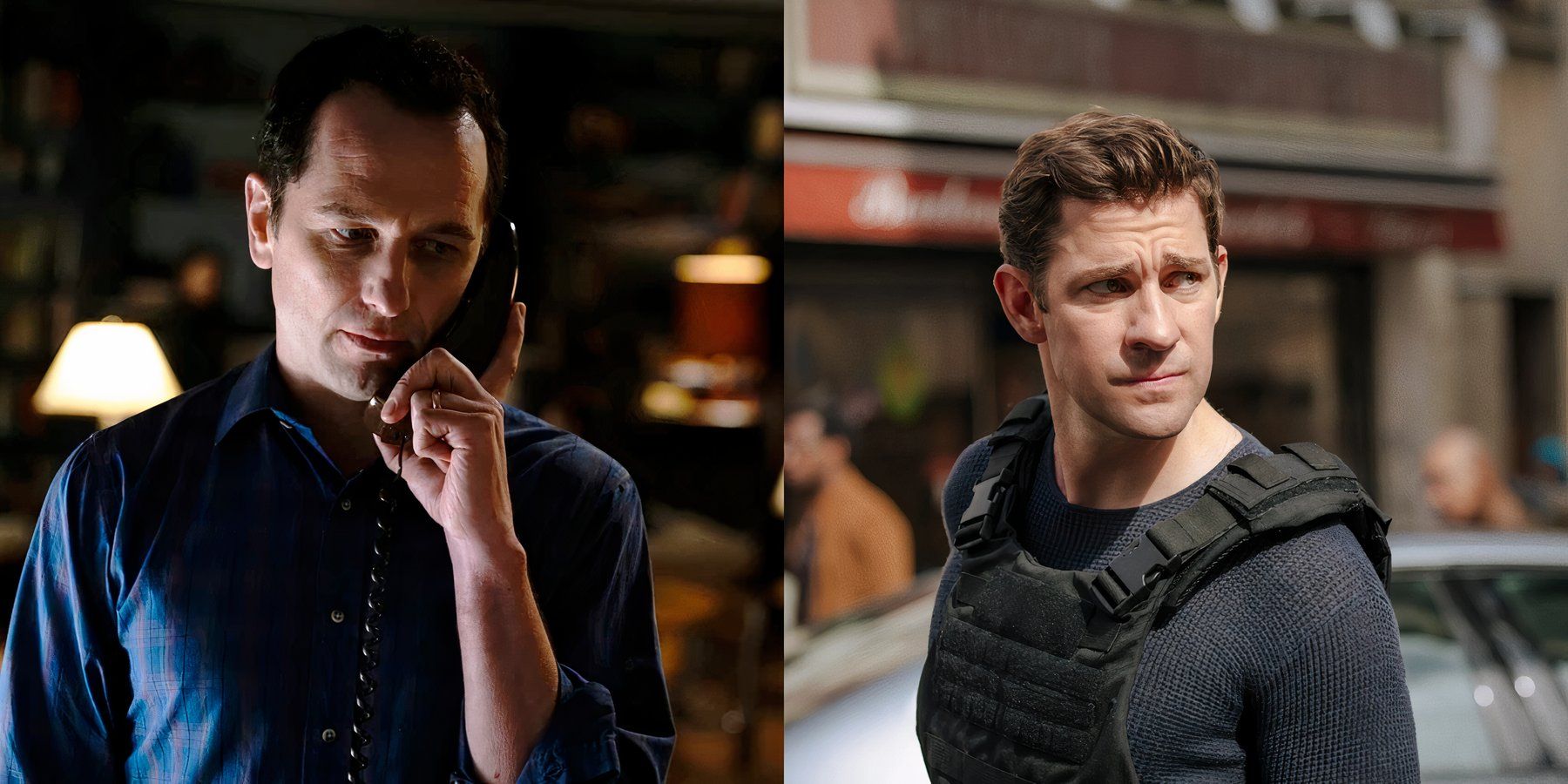 Split image of Matthew Rhys in The Americans and John Krasinski in Jack Ryan