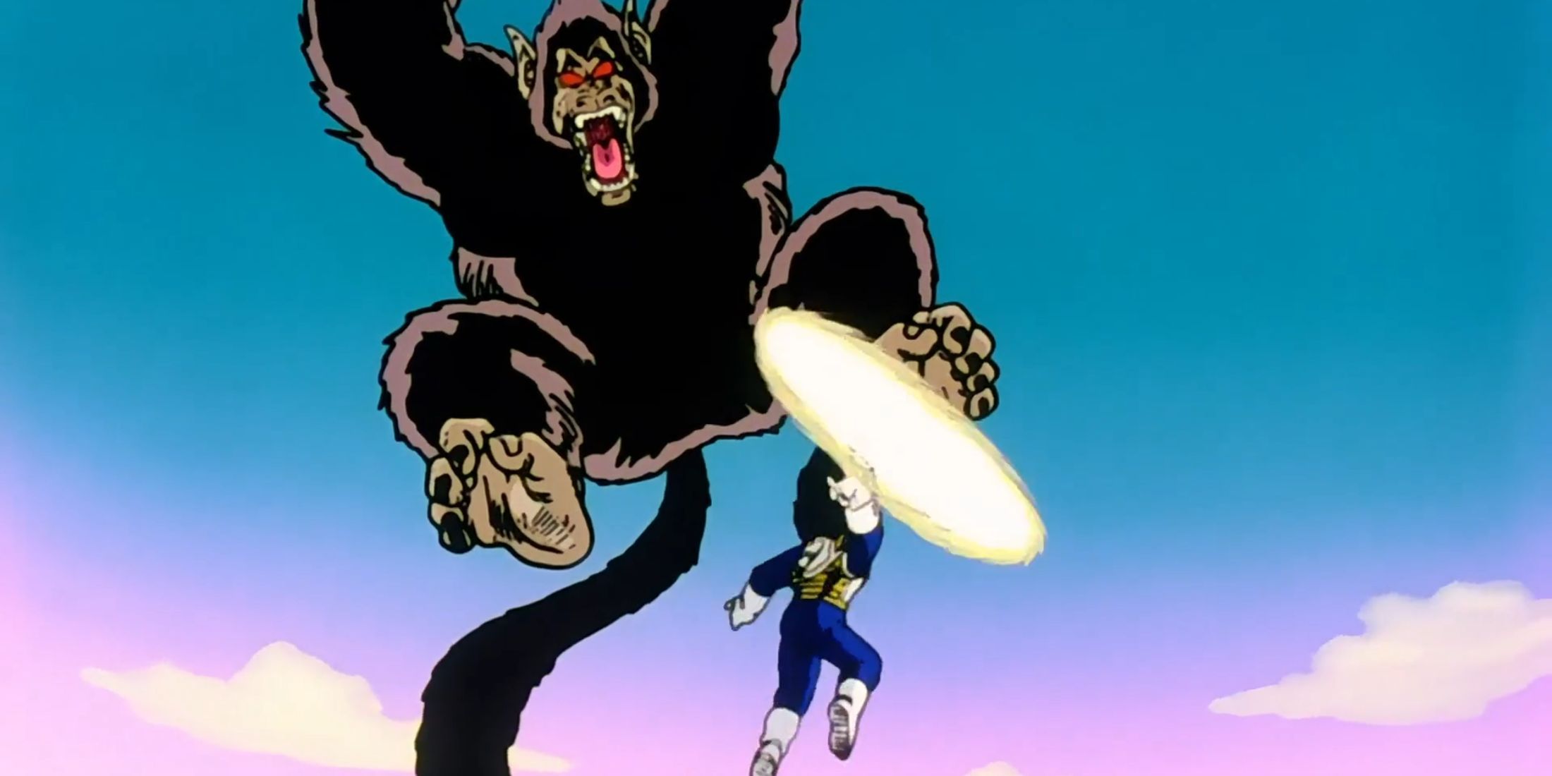 Vegeta cuts great ape Gohan's tail with a destructo disk